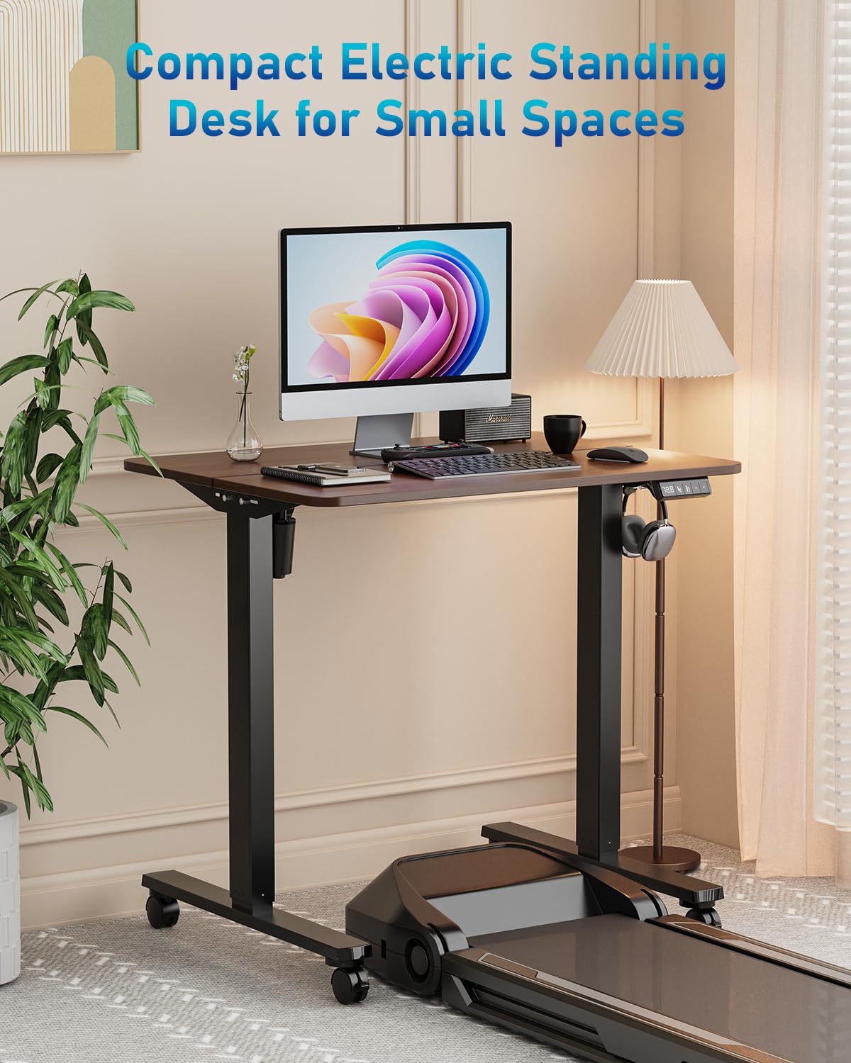 Xyndyx 32" Small Electric Rolling Standing Desk Adjustable Height, Mobile Sit Stand up Desk with Lockable Casters for Home Office & Computer Workstation, Splice Board, 2 Hooks, Black Frame/Walnut Top