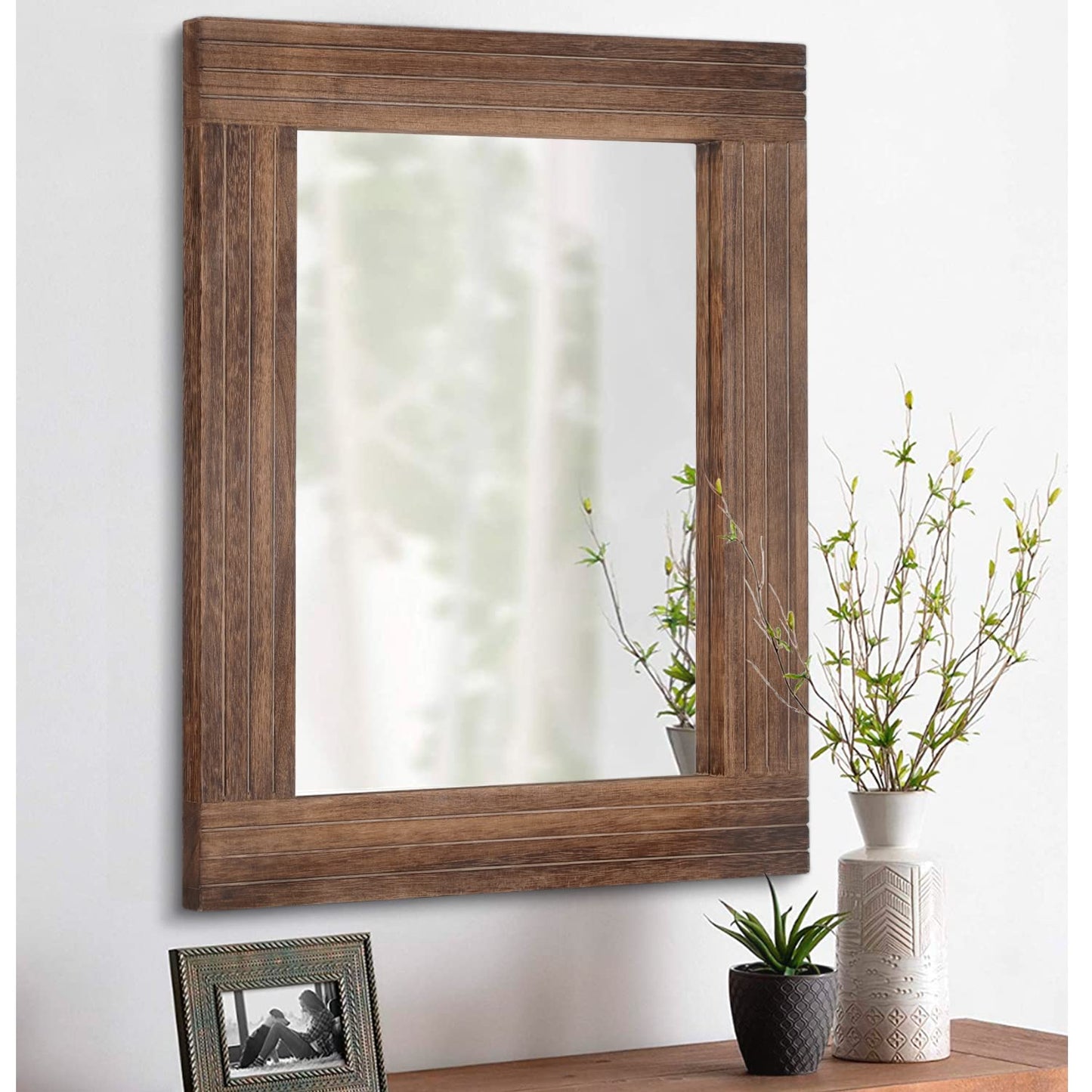HLFMVWE Rustic Mirror Wooden Rectangular Antique Wall Mirror Frame Decor Farmhouse Bedroom Dresser Bedroom Entryway Mirror Large Brown 26"x18"