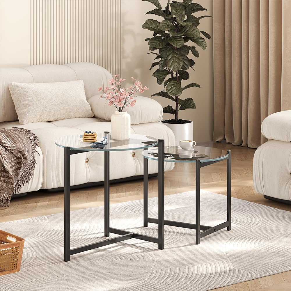 Cuizehua 16 Inch Round Glass Coffee Table, Tempered Clear Glass Top with Sturdy Black Metal Frame, Easy Assembly Modern Side Table/End Table for Living Room, Bedroom, Office