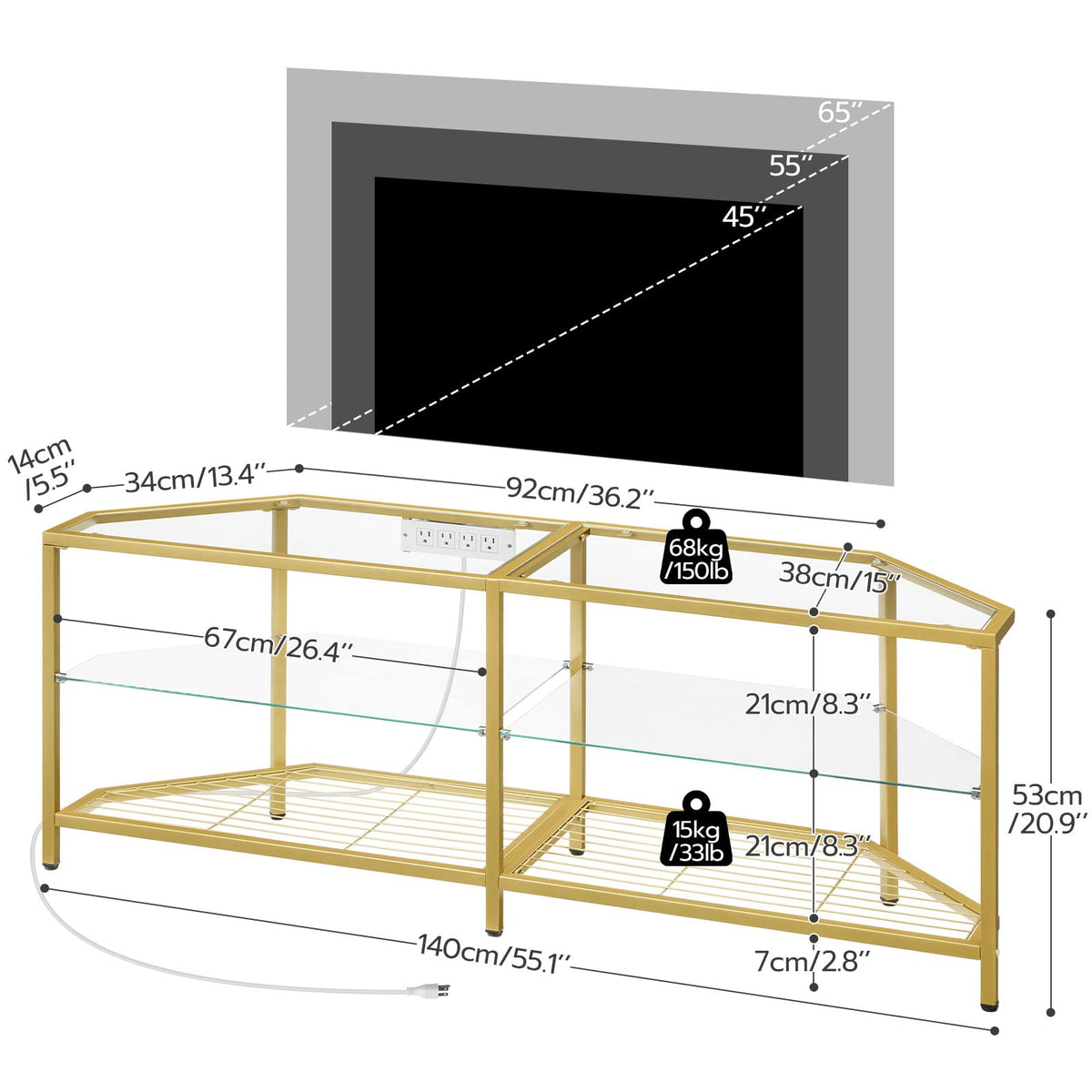 HOOBRO Corner TV Stand with Power Outlet for TVs up to 55", Modern 55" Corner TV Console Table with Open Shelves, Tempered Glass Media Entertainment Center for Living Room, Bedroom, Gold GD143UDS01