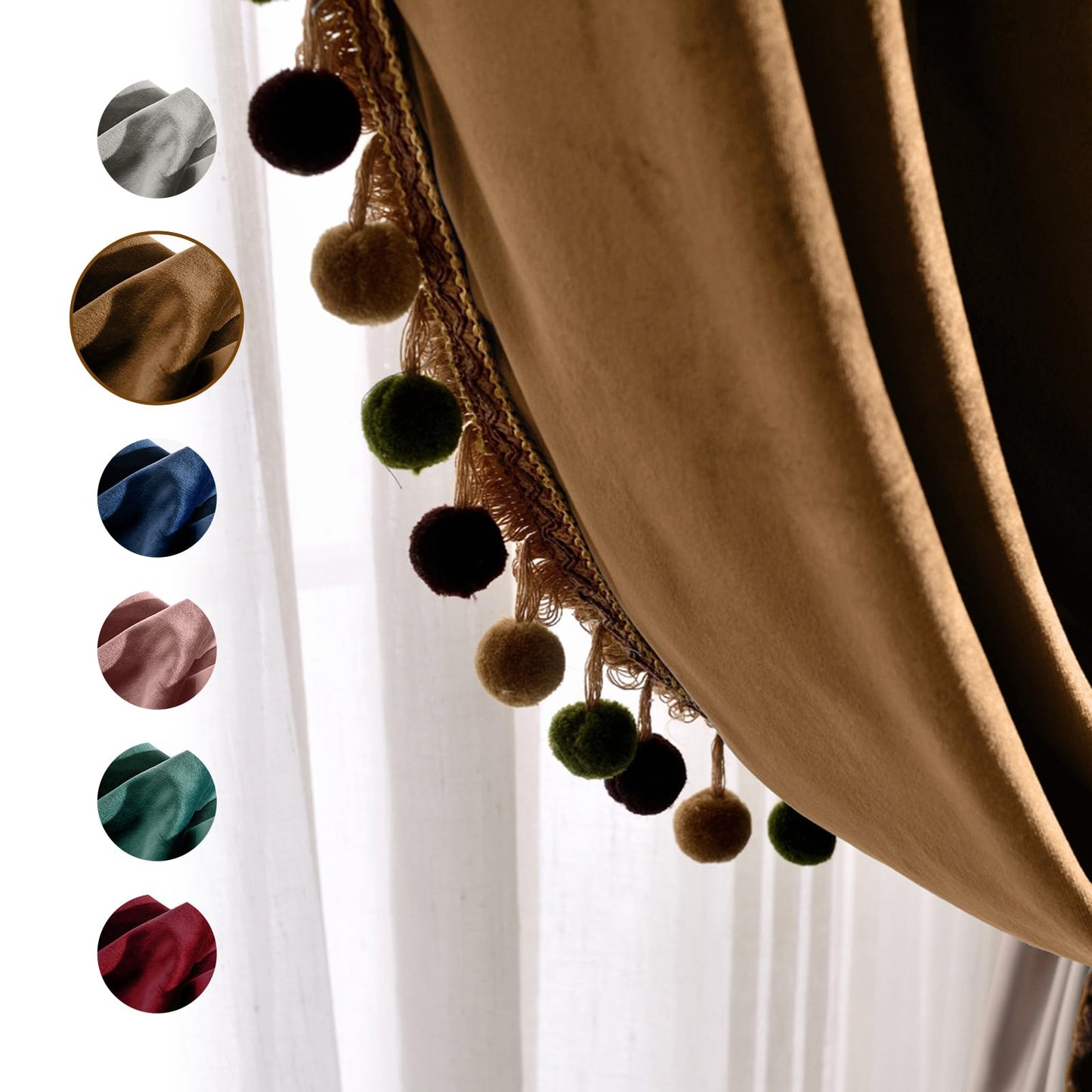 Melodieux Pom Poms Velvet Blackout Curtains for Bedroom Living Room, Vintage Luxury Thermal Insulated Rod Pocket Lined Drapes, 52" W x 84" L, Golden Brown (2 Panels)