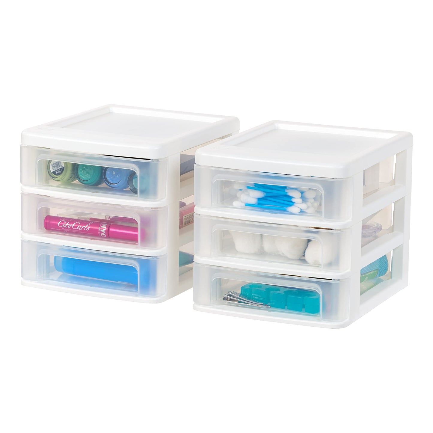 IRIS USA Plastic Stacking Desk Top 3-Drawer Storage Organizer, 2-Pack, for Makeup Vanity Nail Polish Bathroom Stationery Art Craft Supplies Kitchen Office Garage and Small Organization, Small, White