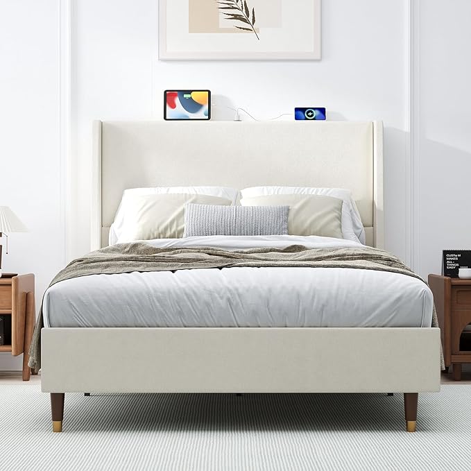 MALOL Full Size Bed Frame with Upholstered Headboard, Linen Fabric Platform Bed