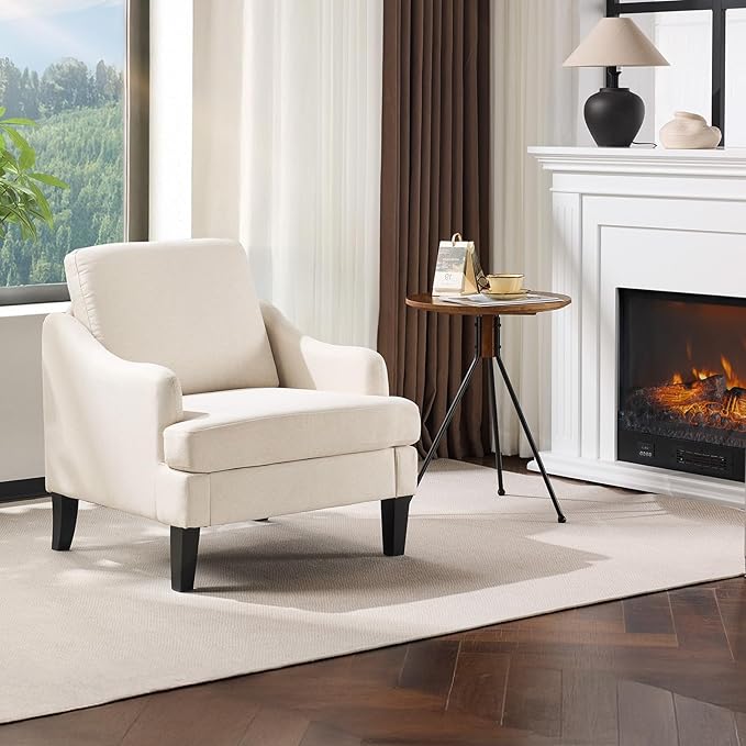 VINGLI Linen Fabric Accent Chair Beige, Modern Upholstered Armchair, Comfy Sofa