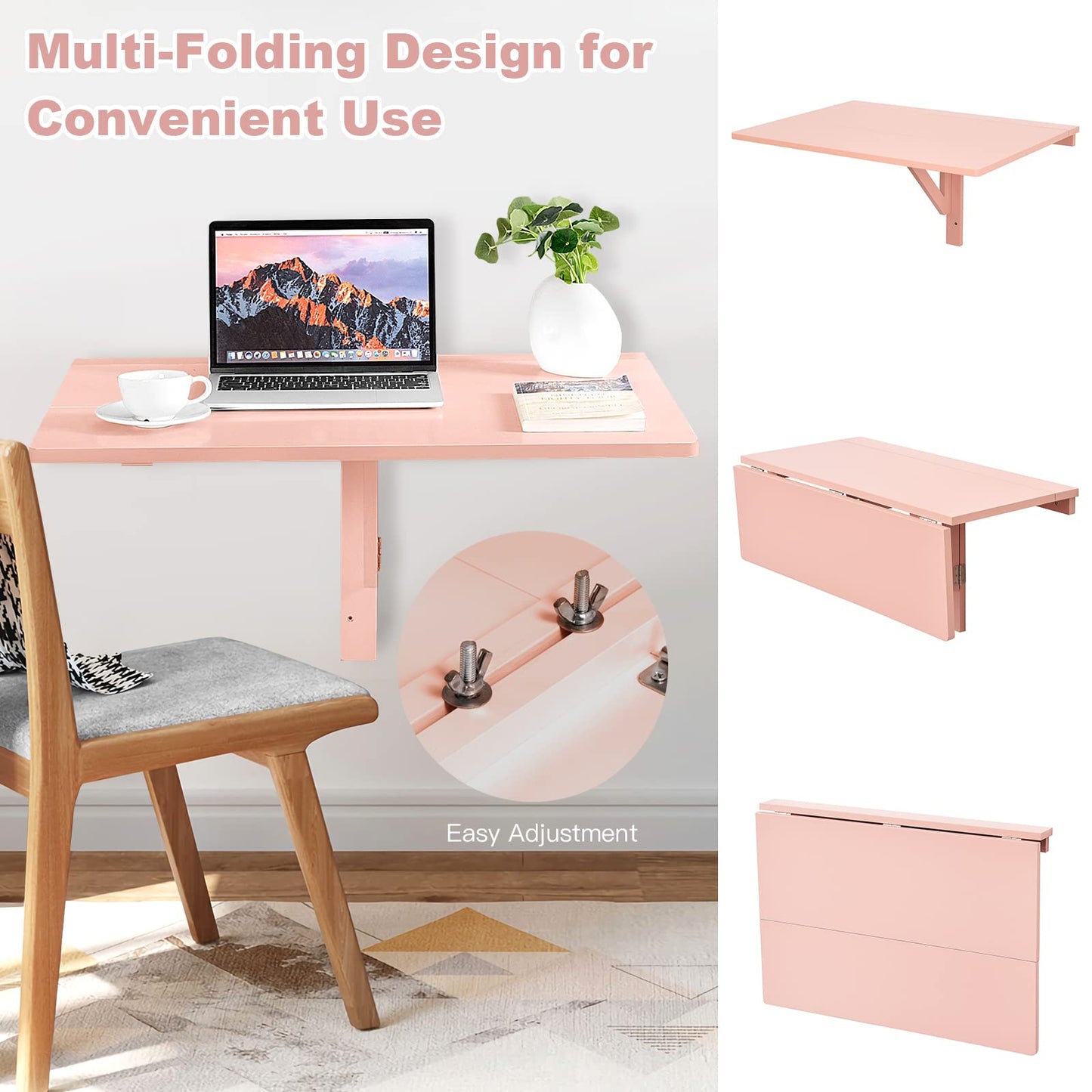 COSTWAY Wall Mounted Folding Table, 31.5" x 23.5" Drop-Leaf Floating Writing Desk for Small Spaces, Space-Saving Fold Down Laptop Workstation for Kitchen, Bedroom, Laundry Room, Study Room (Pink)