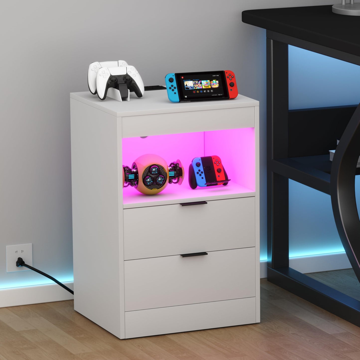Yusong Night Stand with Gun Drawer & Invisible Lock, Bedside Table, LED Nightstand with Charging Station, Modern Night Stand, Wood Sofa Couch End Side Table with 2 Pull-Out Shelf (White 002)