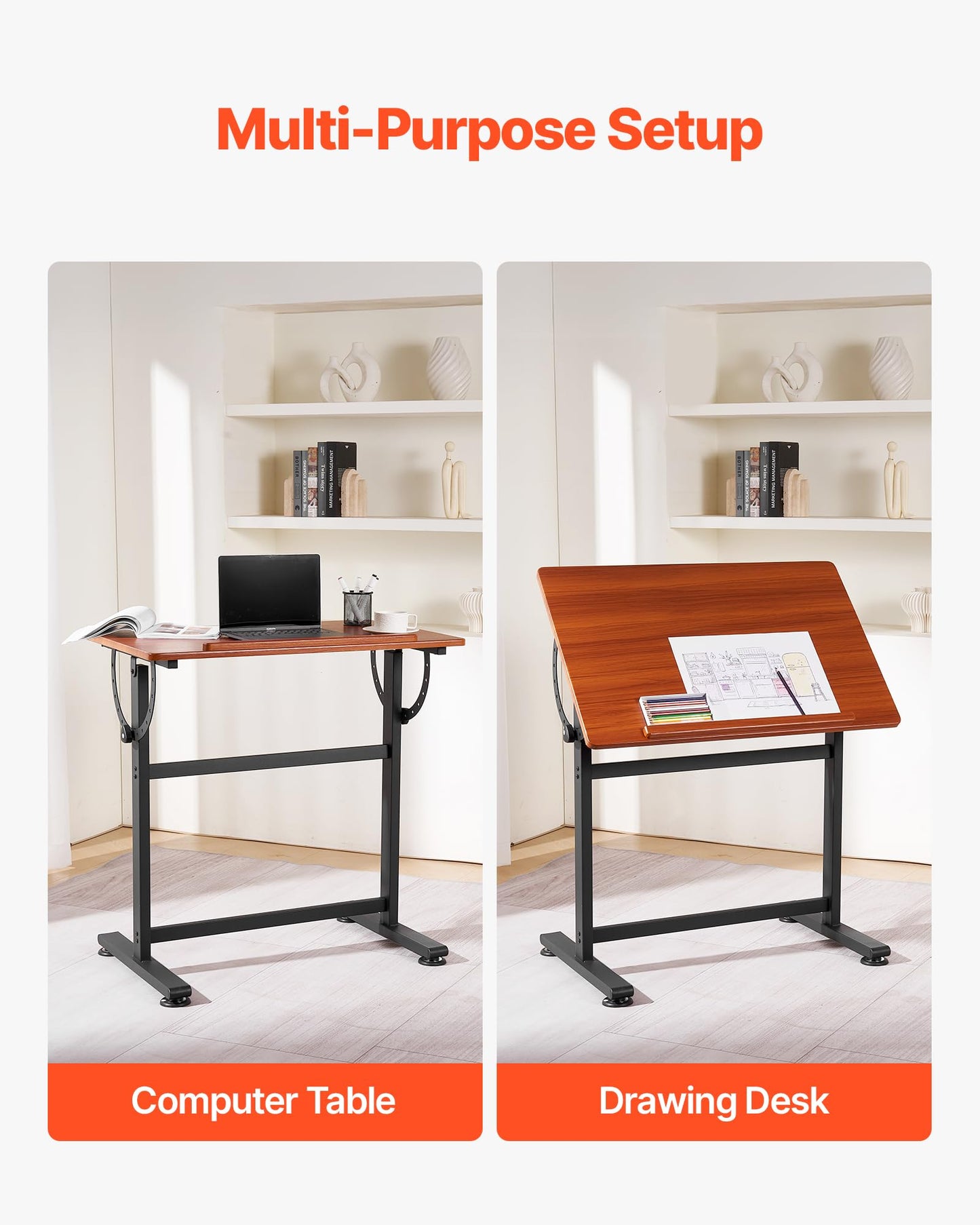 VEVOR Drafting Table, Adjustable 0°–90° Tilt Drawing Desk, Portable Artist Table with Black H-Frame and Brown Desktop, Wooden Painting Desk Craft Workstation for Reading, Writing, Crafting, Meeting