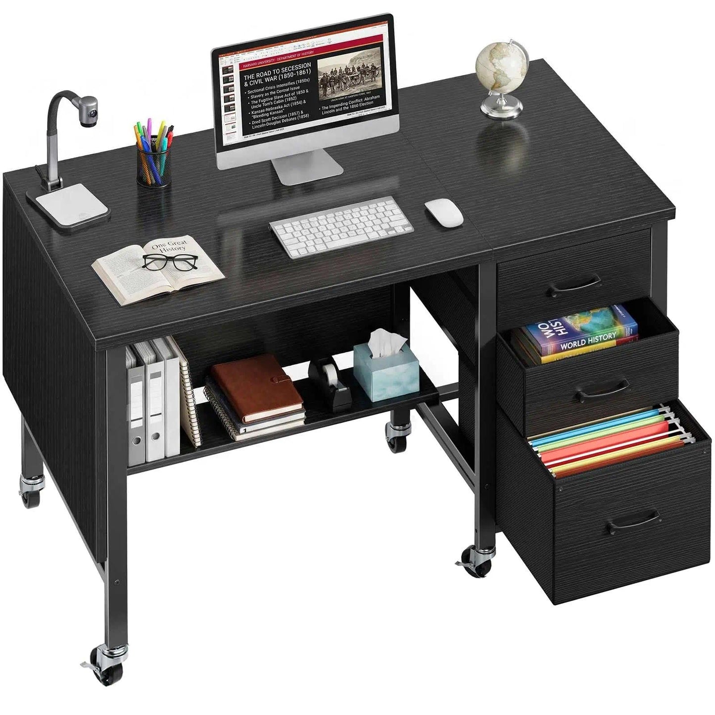 Rolling Teacher Desk with File Drawer & Privacy Panel, 47" Mobile Computer Desk with 3 Storage Drawers on Wheels, Modern Office Desks with File Cabinet for Classroom & Home Office, Black