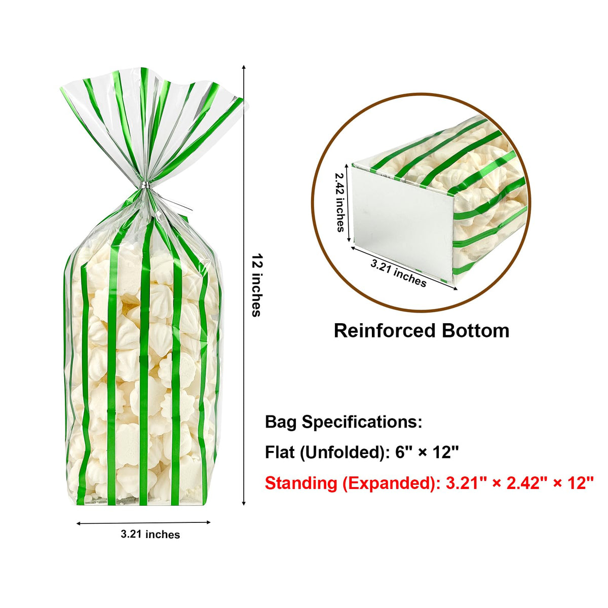 EKAPACKAGING 25 Pcs 3.21x2.42x12in Flat Bottom Cellophane Bags (6x12in Flat Size), Foil Green Stripe Treat Bags with Ties, Heat Sealable Clear Cello Bags for Cookies