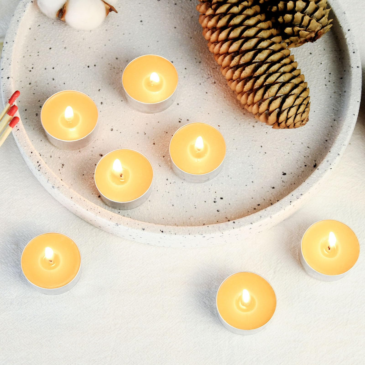Natural Organic Beeswax Tea Candles in Metal Aluminum Cup - Small Candle Bulk Natural Scent Smokeless 4-5 Hours Long Burning - Yellow, Pack of 50