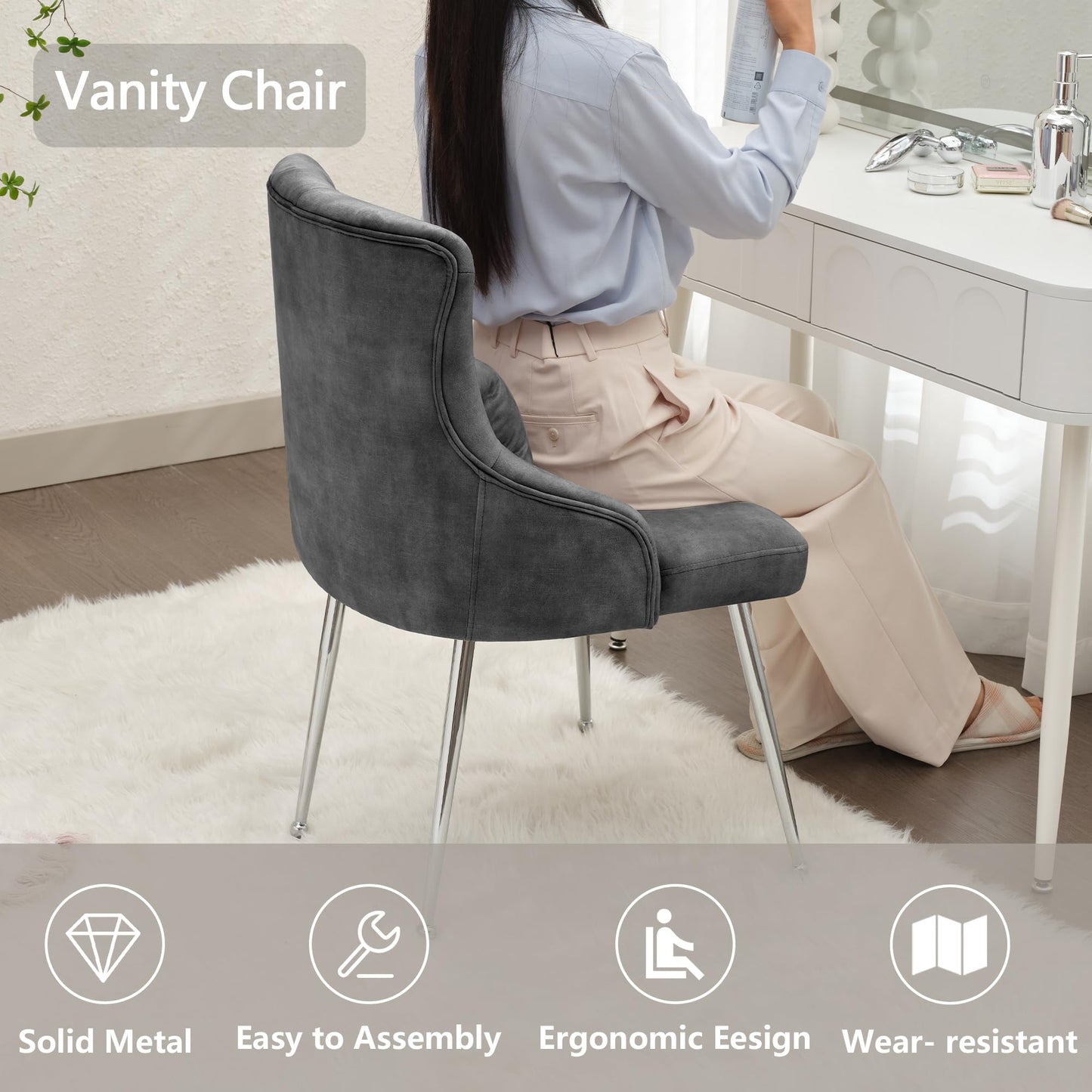 UDAX Velvet Vanity Chairs with Back, Upholstered Makeup Chair No Wheels with Metal Legs & Lumbar Pillow for Living Room/Makeup Room/Bedroom/Home Office/Kitchen