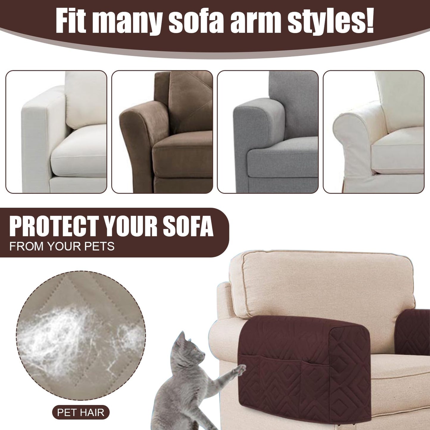 Armrest Covers, 2Pack Waterproof of Recliner Chair Arm Covers with Side Pockets, Washable Armrest Slipcovers Scratch Couch Cover Sofa Covers for Arm of Couch for Remote Control Holder, Phone, Magazine