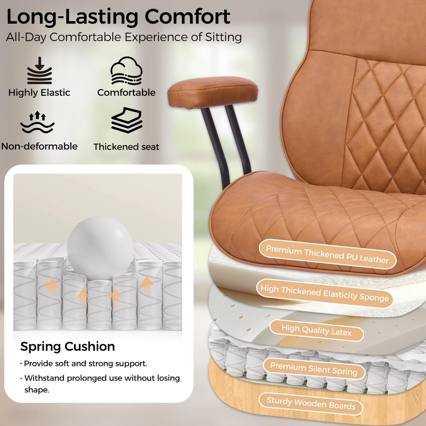 BEWISHOME Brown Leather Office Chair – Features Rubber Wheels