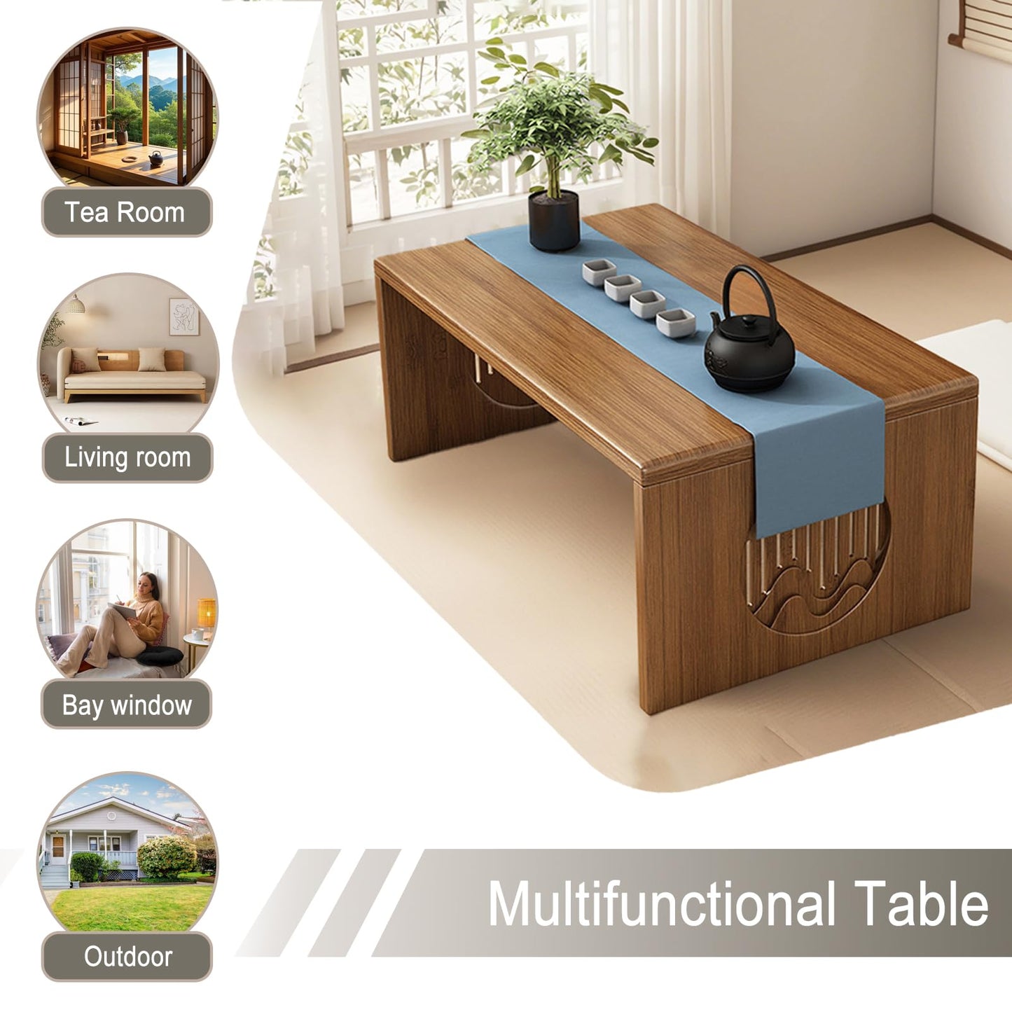 XIMSPHY Japanese Floor Table, Bamboo Folding Coffee Table for Sitting on The Floor, No Assembly Small Low Tables for Dinning Tea Room, Zen Living Room(Brown, 80CM)