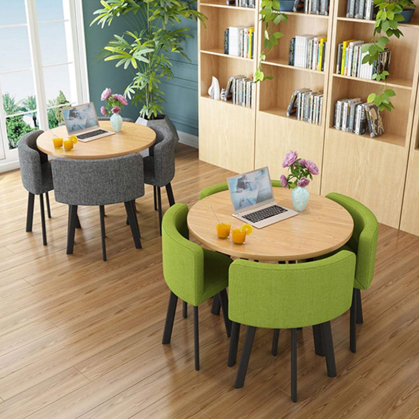 HARELA Office Reception Round Table, Kitchen Breakfast Bar Table and Chair Set, Dining Round Table Soft Backrest Seat, Cafe Balcony Living Room Simple Round Dining Table, Cotton Linen (Color : Blue)