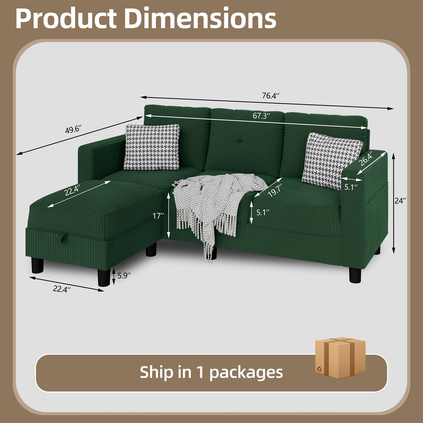 Convertible Sectional Sofa with Storage Ottoman, 77” L-Shaped 3-Seat Couch with Skin-Friendly Corduroy Fabric, Reversible Small Sectional for Small Space, Apartment, Living Room and Office(Green)