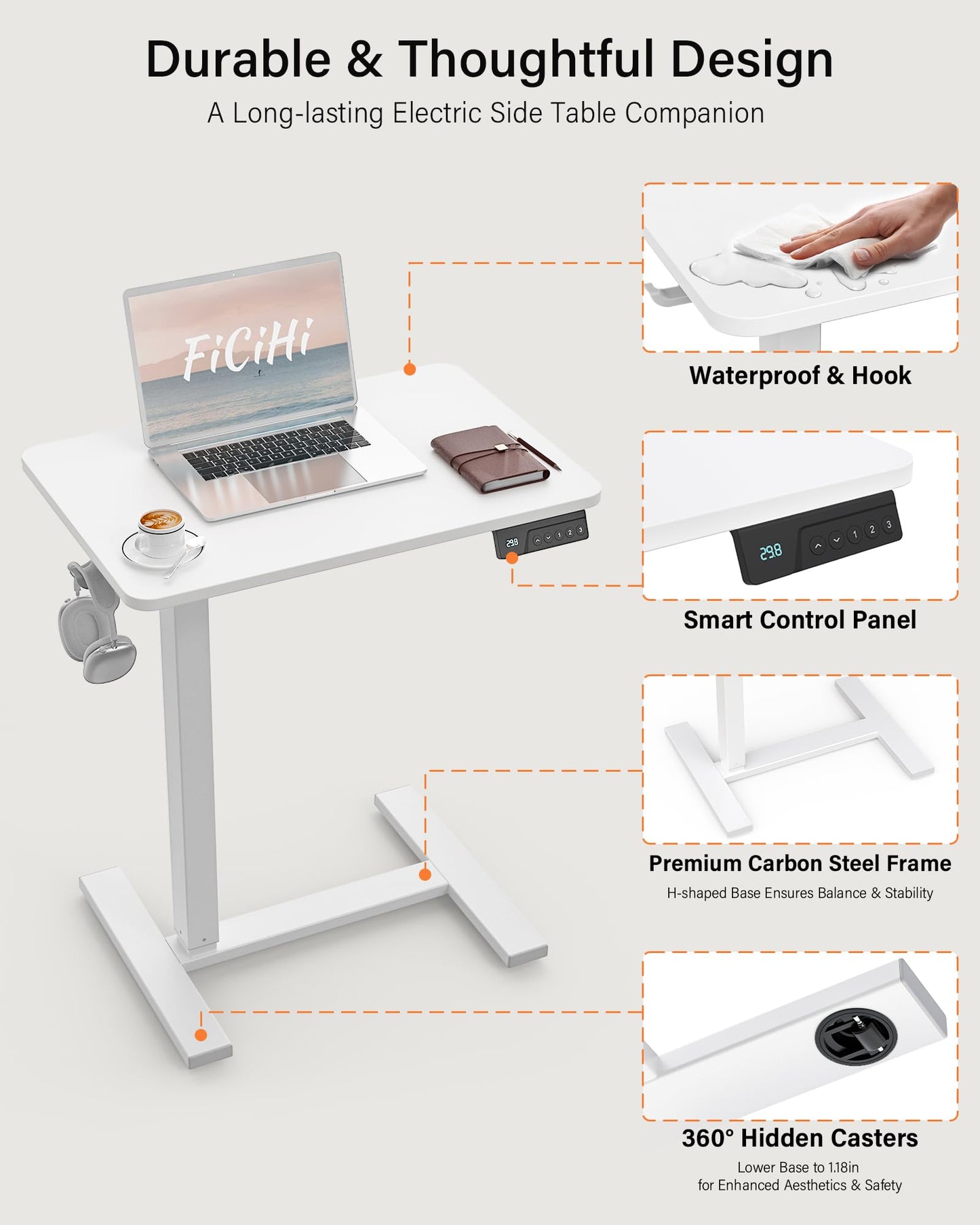 FiCiHi Electric Standing Desk with Wheels – Adjustable Height Mobile Sit-Stand Laptop Table, Portable Rolling Small Computer Workstation for Home Office & Bedside Use (28"x16", White)