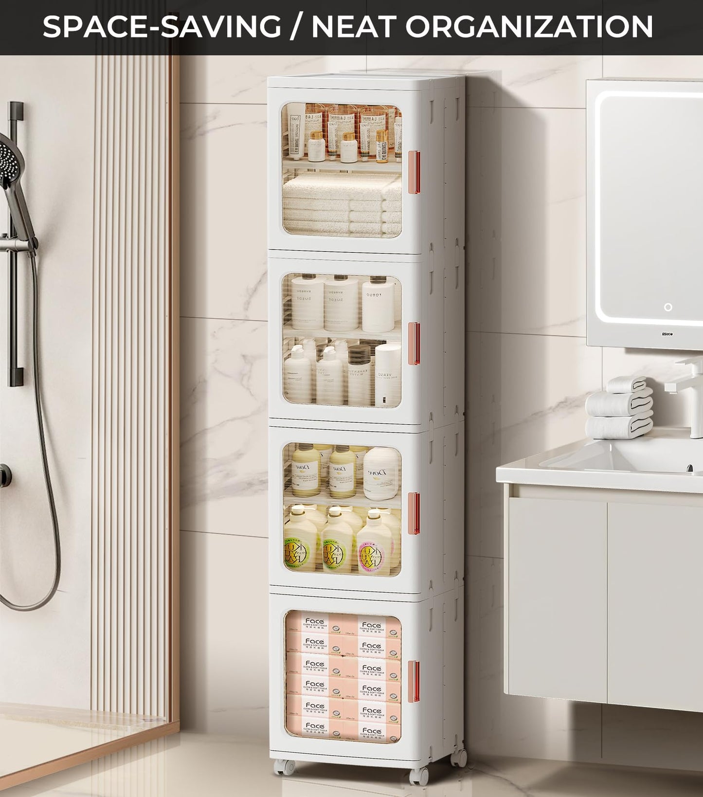 BUMODEL 4-Tier Tall Narrow Bathroom Storage Cabinet with Doors and Adjustable Shelves Slim Foldable Cabinets with Wheels Small Spaces Plastic Organizers for Kitchen Laundry Room Bedroom Pantry,White