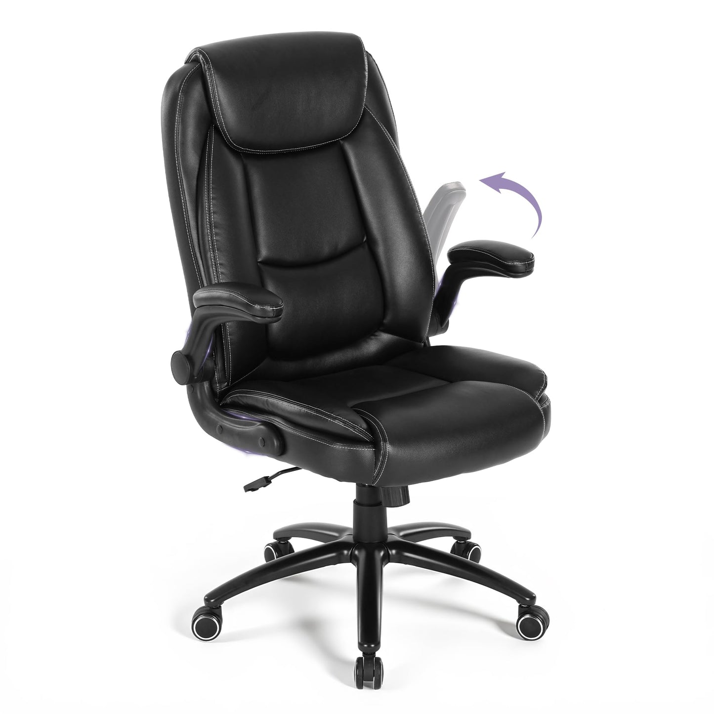 MALOL 300LBS PU Leather High-Back Executive Office Chairs, Heavy Duty Home Ergonomic Computer Chair Flip-Up Armrests & Reclining Backrest, Black