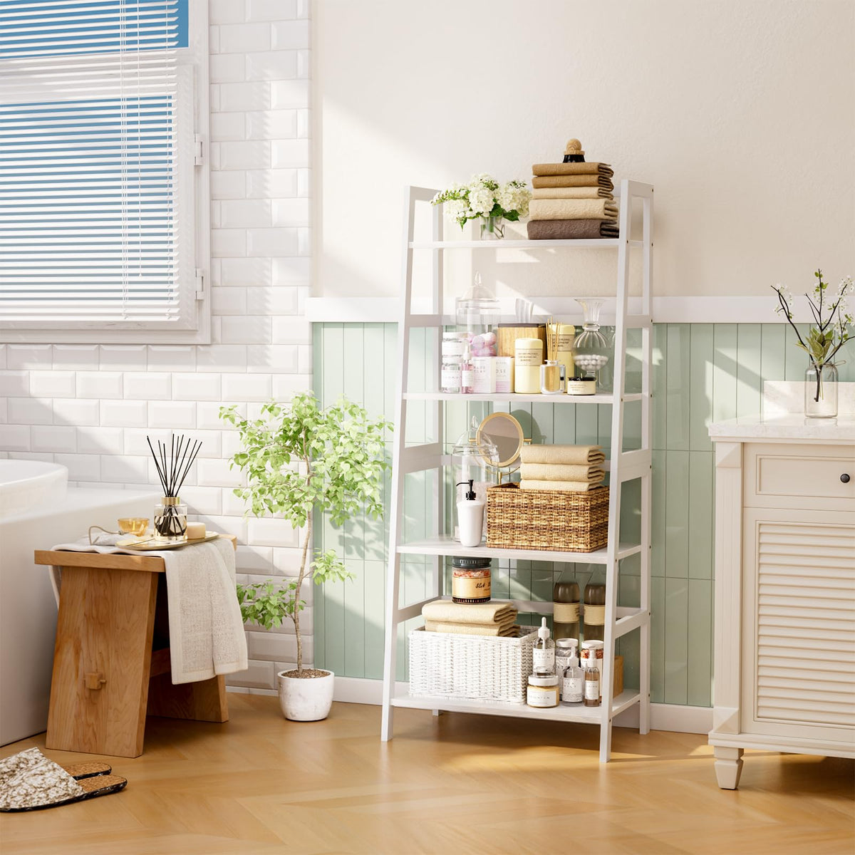 HITNET Ladder Shelf, 4 Tier Bookshelf, Floor Standing Bathroom Storage Rack with Bamboo Frame, Home Office Open Display Bookcase, White