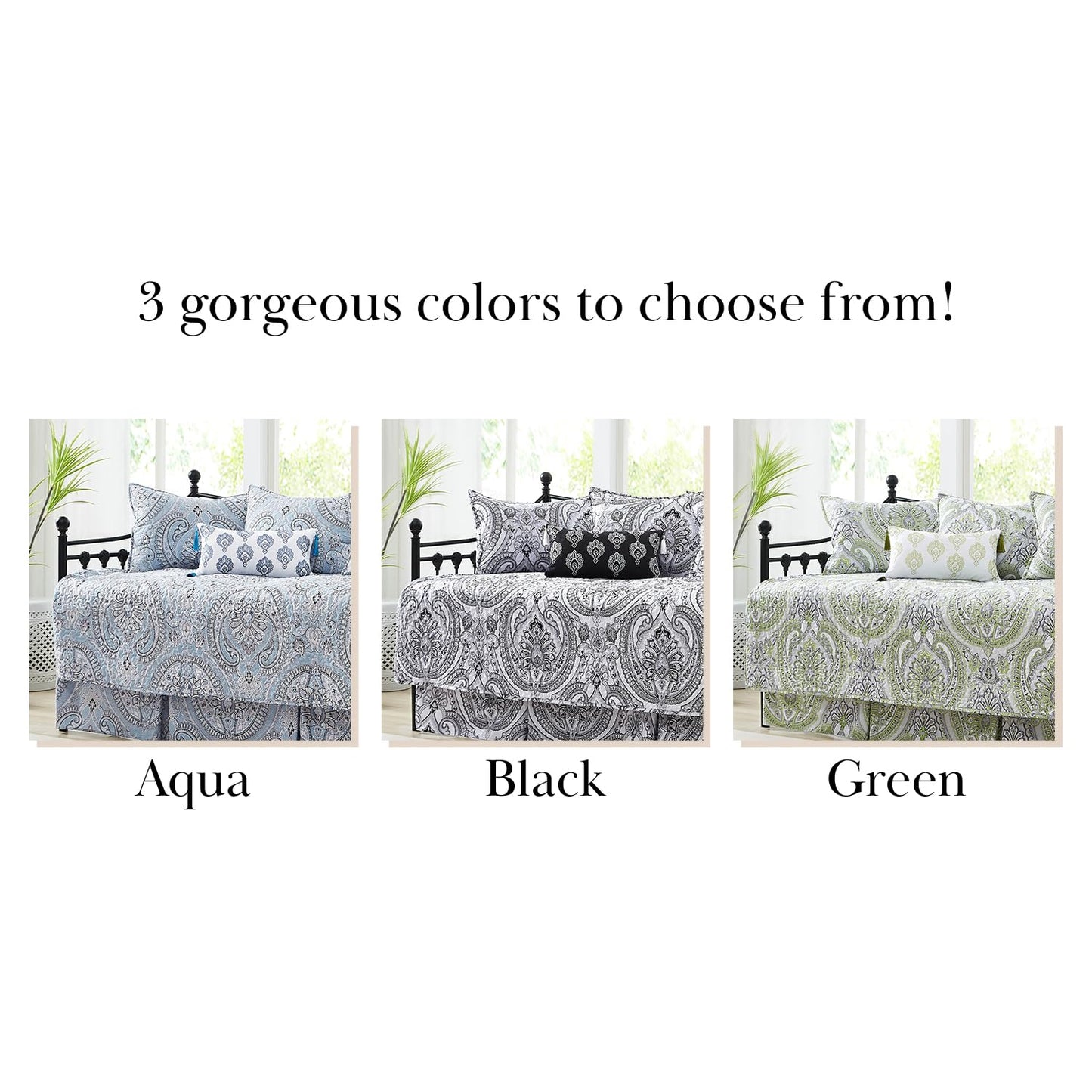 Southshore Fine Living, Inc. Twin Daybed Comforter Set, 6-Piece Boho Bedding Set with Daybed Cover, 3 Pillow Shams, Bed Skirt, Throw Pillow - Twin Day Bed Quilt Set, Pure Melody Green