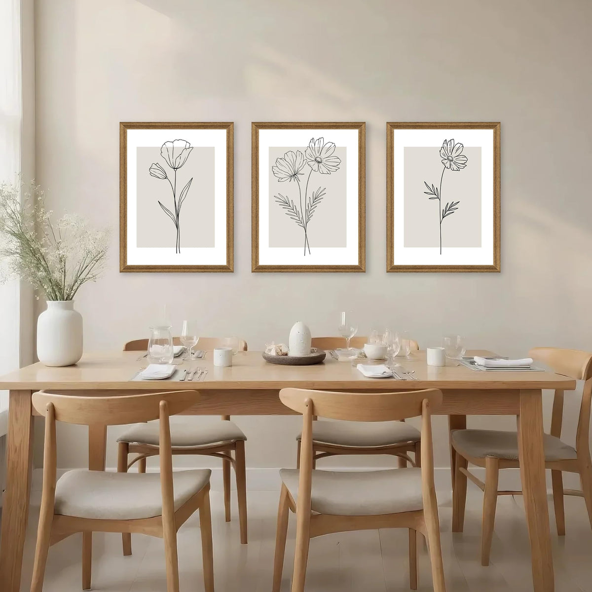 ICHZUMW Neutral Botanical Floral Wall Art, Black and White Farmhouse Flowers Wall Decor, Modern Minimalist Line Art Canvas Prints, Beige Artwork, Living Room Bedroom Home Office, Set of 3, 12x16in