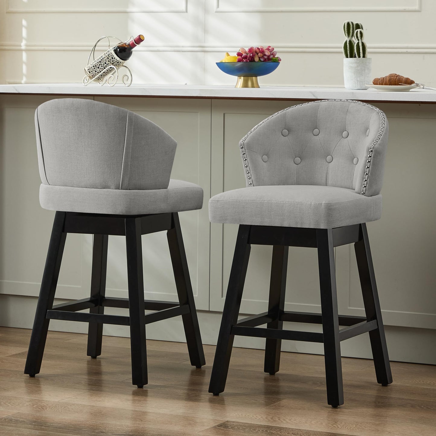 UDAX 26''Swivel Bar Stools Set of 2, Upholstered Barstools with Backs, Modern Counter Height Bar Stool Chairs for Kitchen Island, Wood Legs, Counter Stools