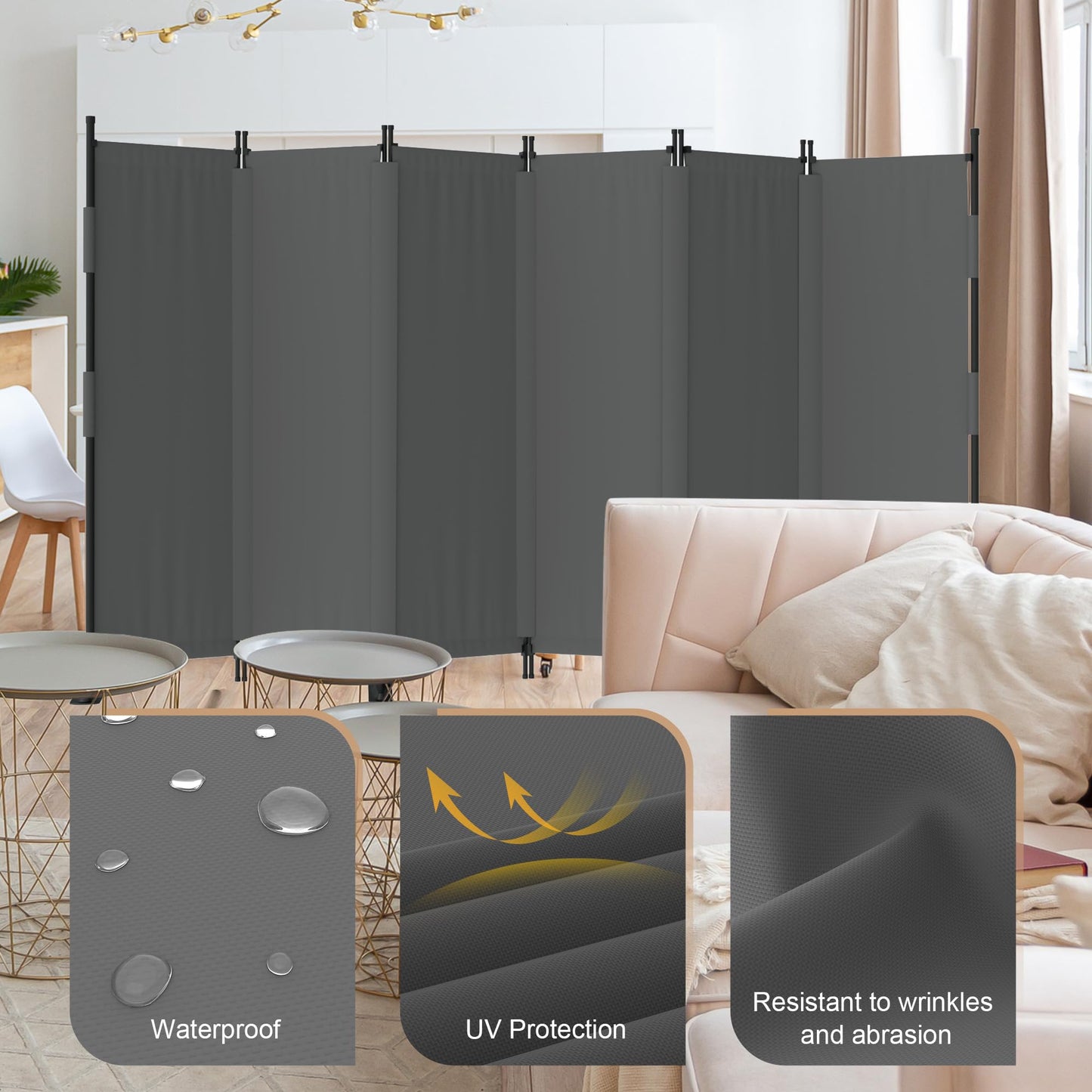 Phonjoroo Room Divider, 6 Panel Upgraded Folding Privacy Screen, 132” Highly Secretive Separation with 4 Metal Feet, Partition Screen, Lightweight Freestanding Wall Divider Bedroom (Grey)