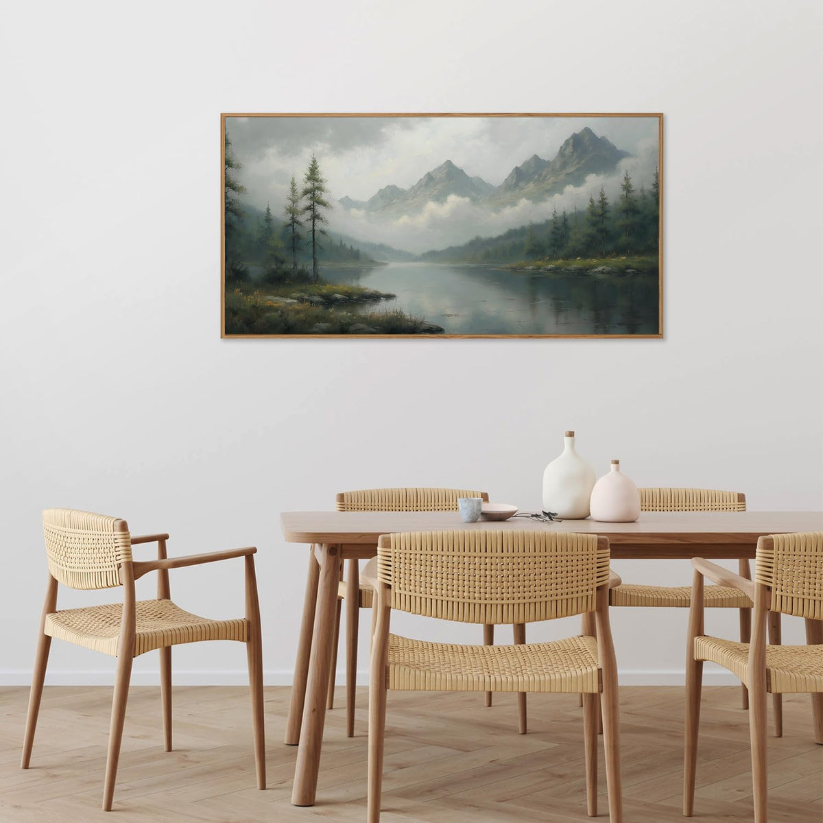 SIGNINART Large Green Forest Framed Canvas Wall Art, Misty Mountain Lake Wall Decor, Modern Foggy Wood Landscape Artwork, Nature Oil Painting Art Print for Living Room, Bedroom, Office 20"x40"