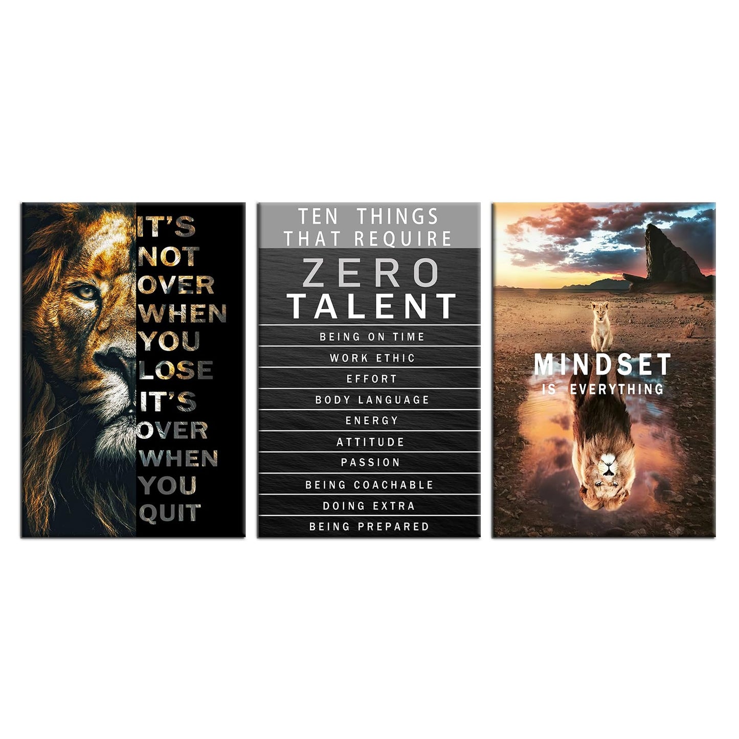 Motivational Canvas Wall Art Lion Inspirational Quote Wall Decor Zero Talent Poster Animal Picture Print Painting Modern Inspiring 3 Panels Artwork for Living Room Office Home Decor [72''Wx 36''H]
