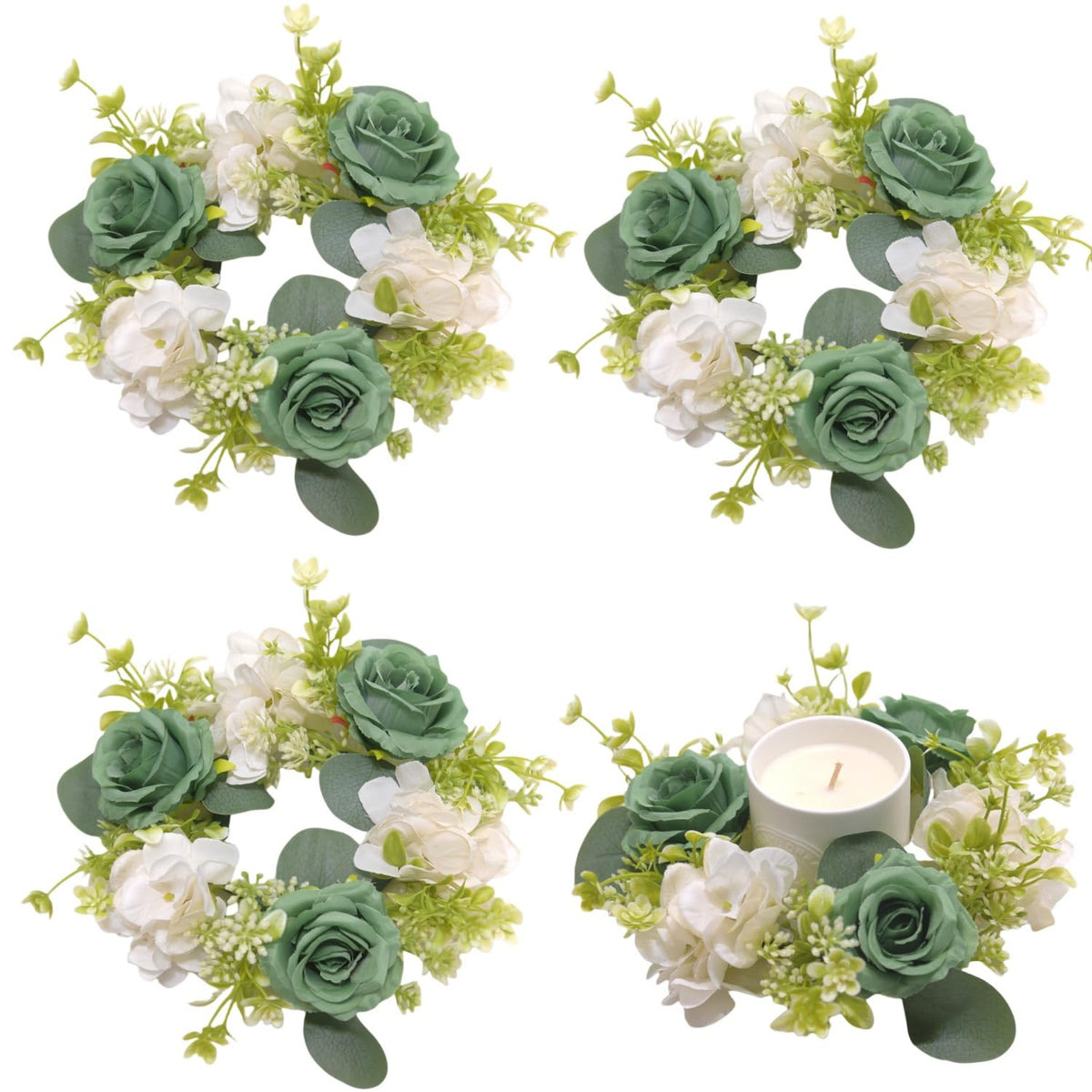 4 Pcs Candle Rings Wreaths,Artificial Hydrangea Wreath Candles Wreaths for Pillars Christmas Wedding Home Table Party Decoration (Green)