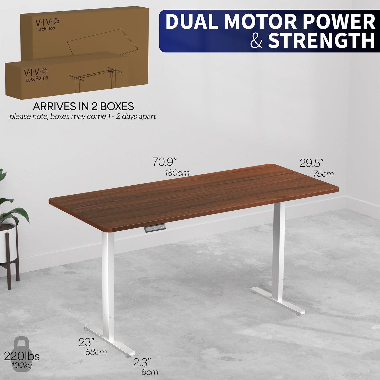 VIVO Electric 71 x 30 inch Standing Desk, Dual Motor Memory Controller Height Adjustment, E2B Series, Solid One-Piece Dark Walnut Top, White Frame, DESK-KIT-E2W71D