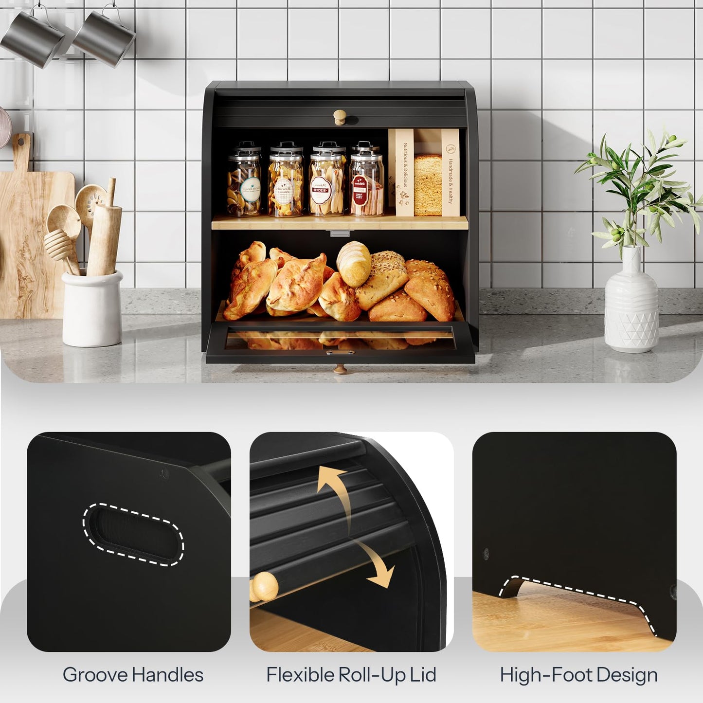 HOOBRO Bread Box and Cabinet Organizer Shelf Bundle, 2 Tier Roll-Top Bread Bin, Set of 2 Kitchen Counter Shelves, for Kitchen, Countertop, Office Desk, BK13MB01-BK20TL01