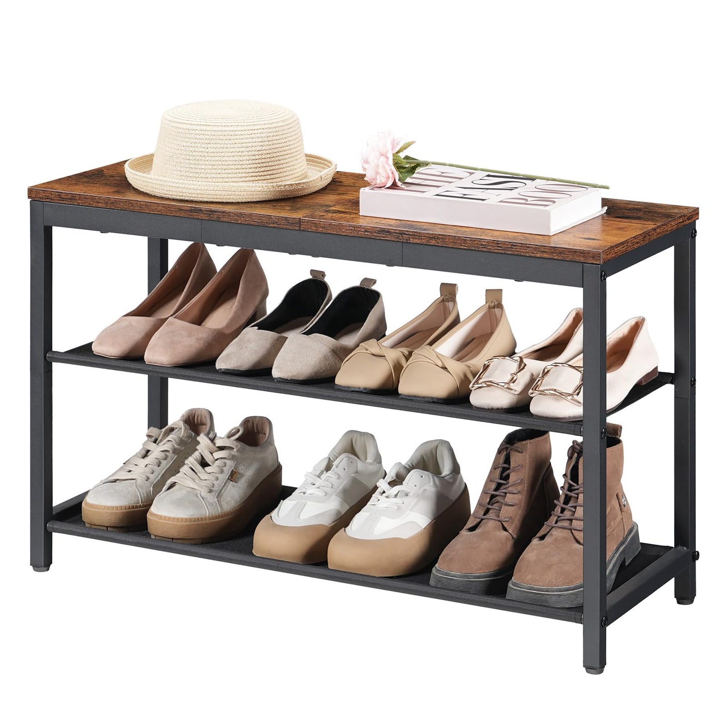 HOOBRO Shoe Bench, 3-Tier Shoe Rack Bench with Oxford Fabric Shelves, 29.5" L Industrial Shoe Storage Organizer for Hallway, Living Room, Holds Up to 300 lb, Space-Saving, Rustic Brown BF77HX01