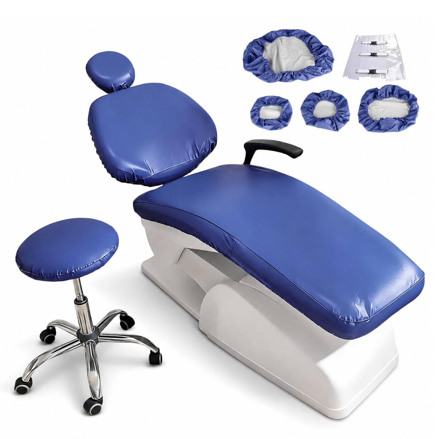 buyzg 5Pcs Dental Chair Covers Set - Waterproof & Non-Slip PU Leather Elastic Full Covers with Foot, Seat, Headrest & Backrest Protectors for Dental Clinic Chairs(Deep Blue)