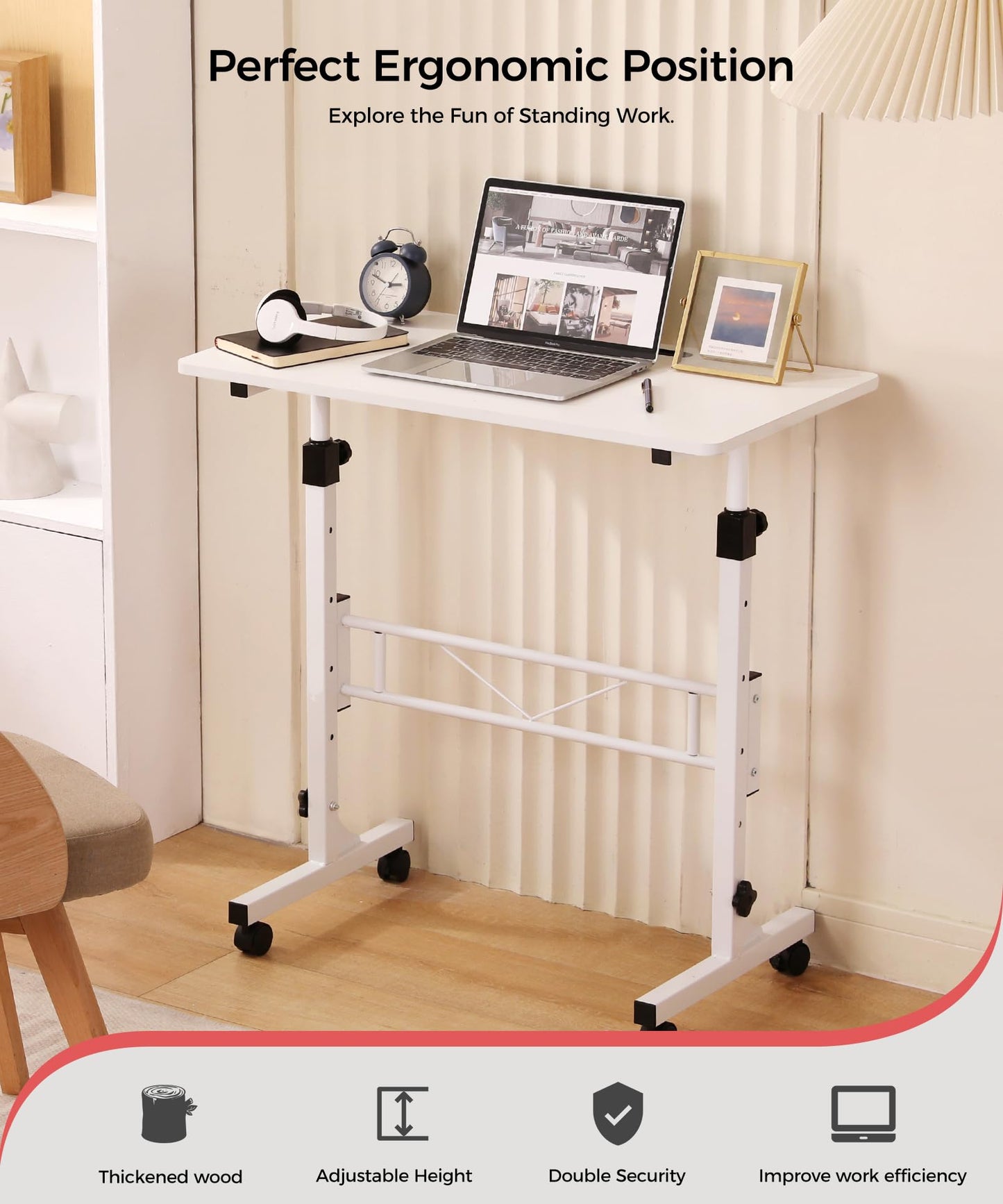 KLSMYHOKI Standing Desk Adjustable Height, Mobile Stand Up Desk with Wheels Small Computer Desk Rolling Desk, Portable Laptop Desk White Standing Table Home Office Desks 16"x31.5" Height 27"-43.5"