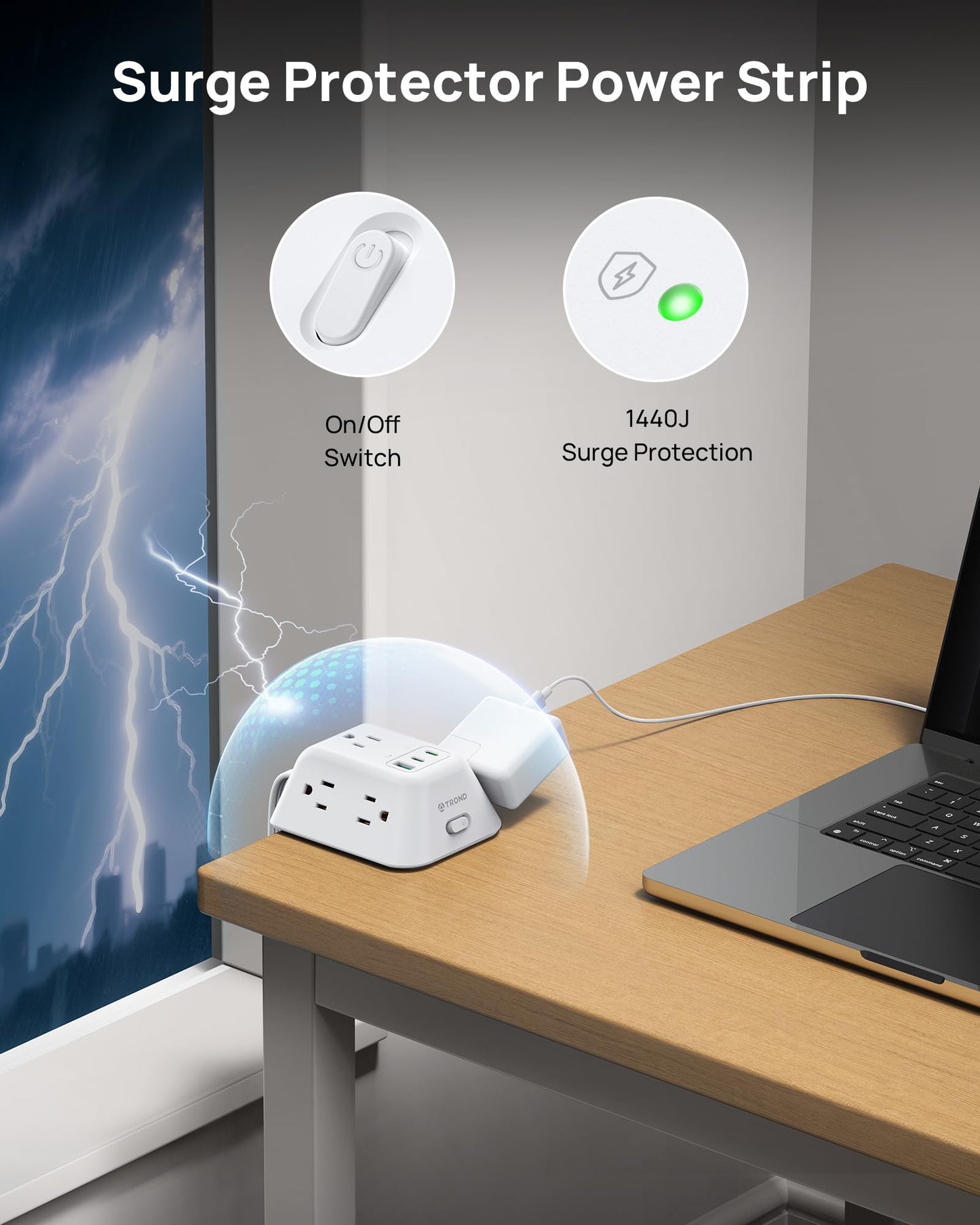 TROND Desk Clamp Power Strip with USB C PD 20W, Desktop Charging Station with 5 AC Outlets, 1440J Surge Protector, Fit 1.97in Tabletop Edge Thick, Extension Cord 6ft for Home Office Essentials, White