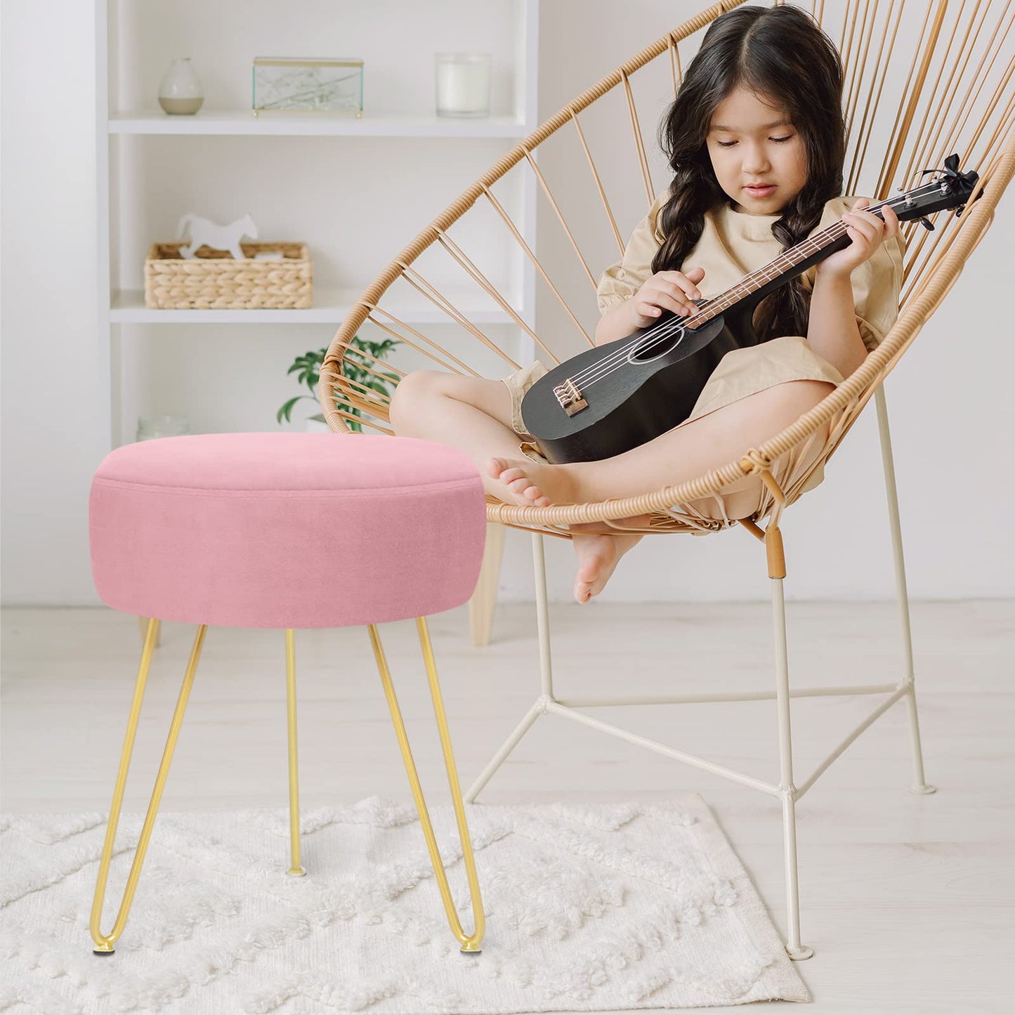 YOONIC Velvet Soft Modern Vanity Stool -Round Footrest Stool Ottoman Side Table Seat Dressing with Golden Metal Leg and Sponge Filling,Upholstered Foot Rest, for Living Room and Bedroom Pink