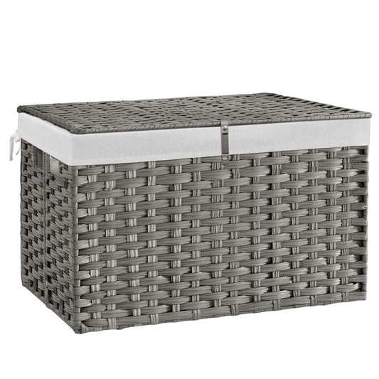 180L Wicker Storage Basket with Lid, Handwoven Rattan Large Shelf Basket with Removable Liner, 47.6 Gallon Wicker Basket for Blanket, Storage Trunk with Handle for Closet, Bedroom, Livingroom, Grey