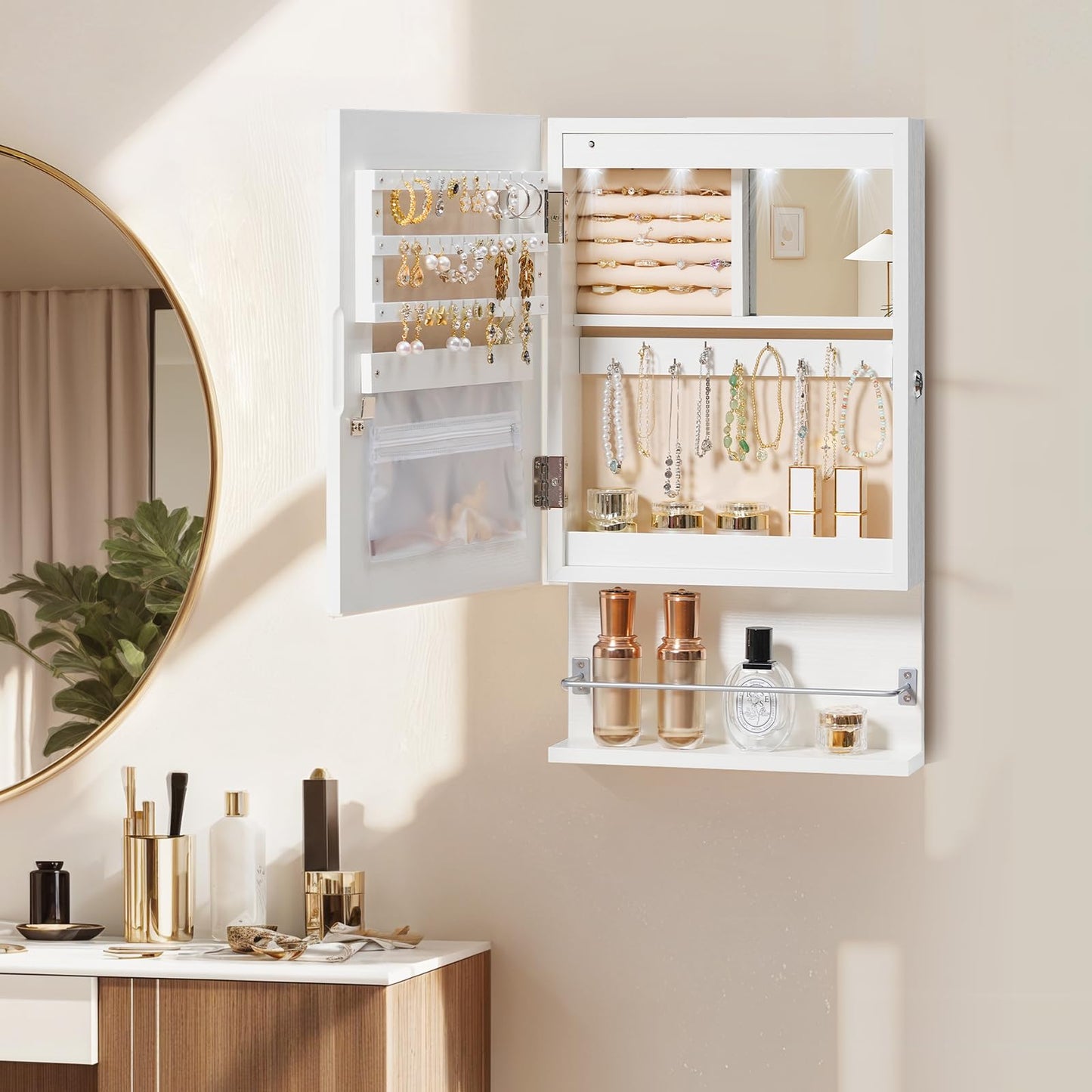 HOOBRO Wall Mounted Jewelry Cabinet, LED Jewelry Armoire with Interior Mirror, Hanging Jewelry Organizer for Wall, Lockable Jewelry Storage Cabinet, 3.9 x 11.8 x 20.9 Inches, White