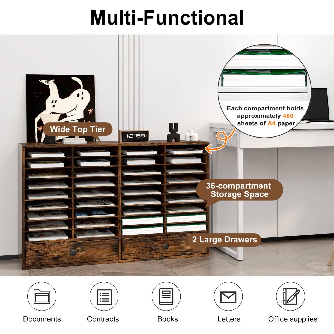 TQAVI Wood Classroom Mailbox 36 Compartments with 2 Drawer, Large Paper Organizer with Adjustable Shelves to Sorting Literature Bill, A4 Size File Organizer for Office School Home, Antique Brown