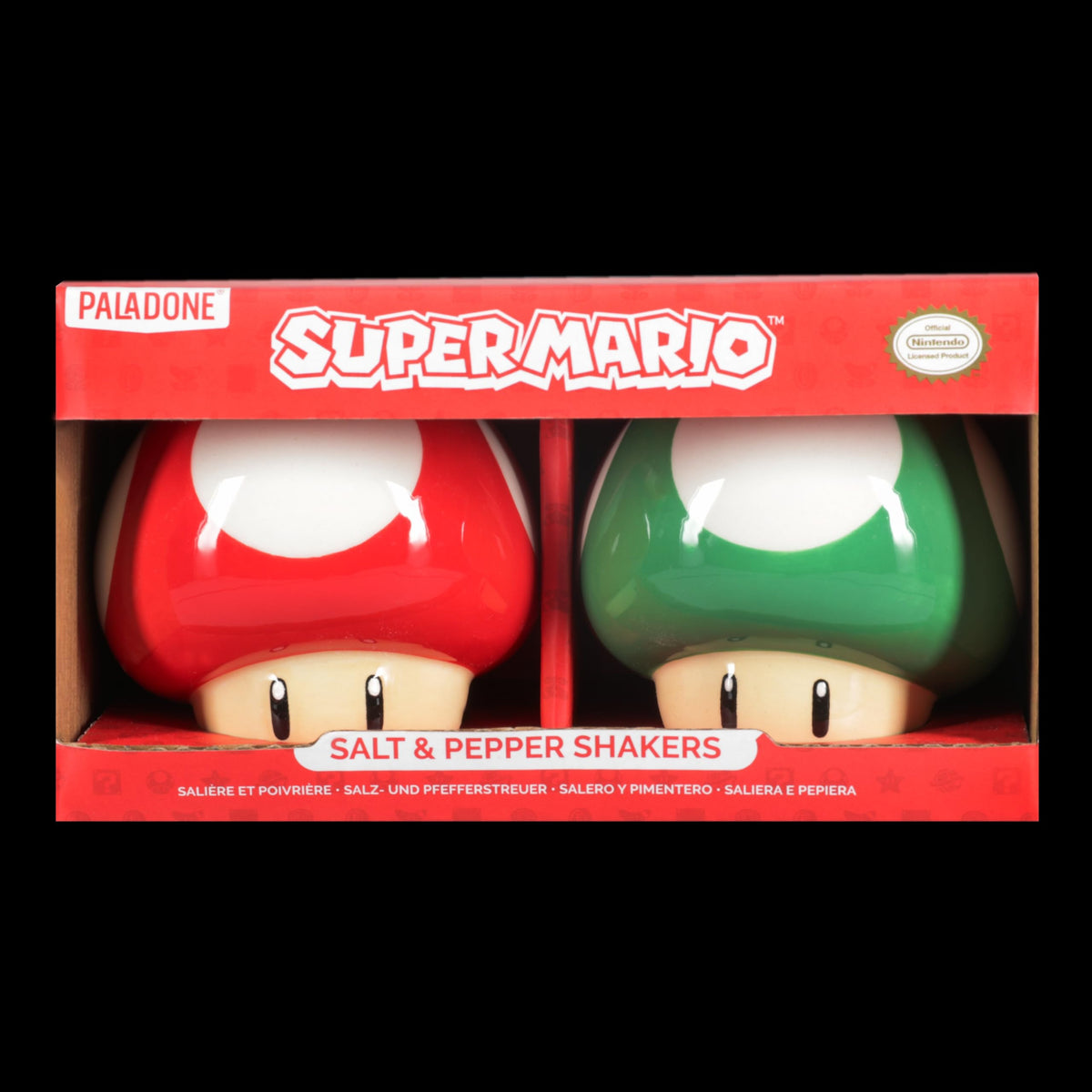 Super Mario Brothers Mushroom Salt and Pepper Shakers Officially Licensed Nintendo Red & Green 1-Up Ceramic Set for Kitchen & Home Decor, Housewarming Gift for Movie and Gaming Fans | Paladone