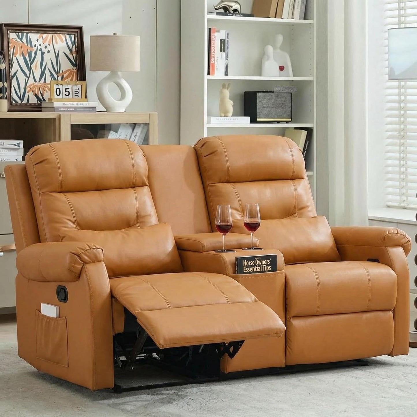 MANBUR RV Reclining Loveseat Sofa with Console, Wall Hugger Recliner Sofa, Double Recliner Home Movie Theater Seating with Cup Holders & Storage (Faux Leather Orange)