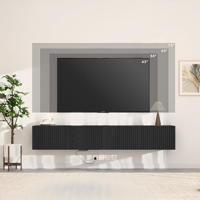 71” Floating TV Stand with LED Lights & Charging Station, Floating Media