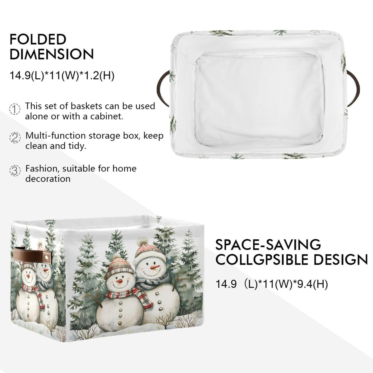 senya Christmas Storage Basket, Forest Winter Christmas Snowman Foldable Fabric Collapsible Storage Bins Organizer Bag for Storage Clothes