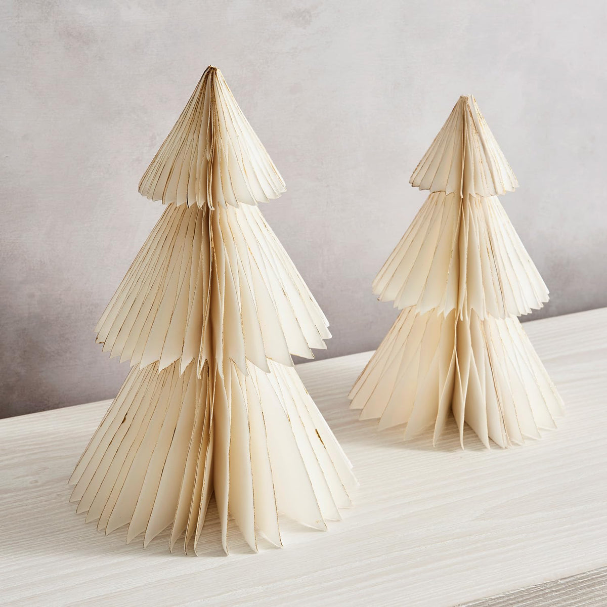 LampLust Paper Tree Decor, 2 Pack Honeycomb Paper Trees, 10 & 12 Inch, White & Gold Glitter Edge, Christmas Table Decor, Holiday Table Centerpieces, Christmas Decorations