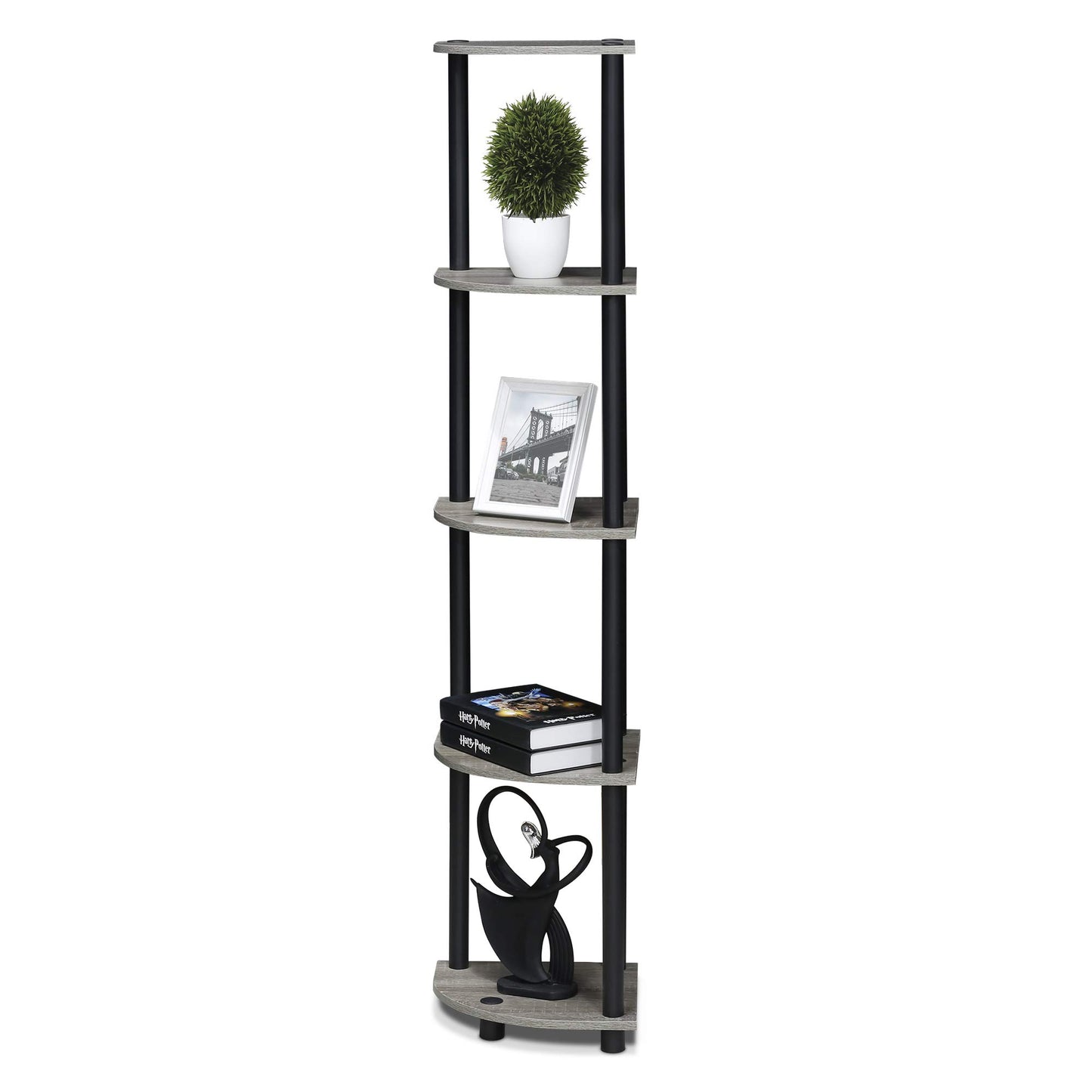 Furinno TURN-N-TUBE Corner Shelf, 5-Tier Corner Bookshelf, Open Storage Shelves, for Organization and Storage, Living Room, Home Office, Garage, Bedroom, French Oak
