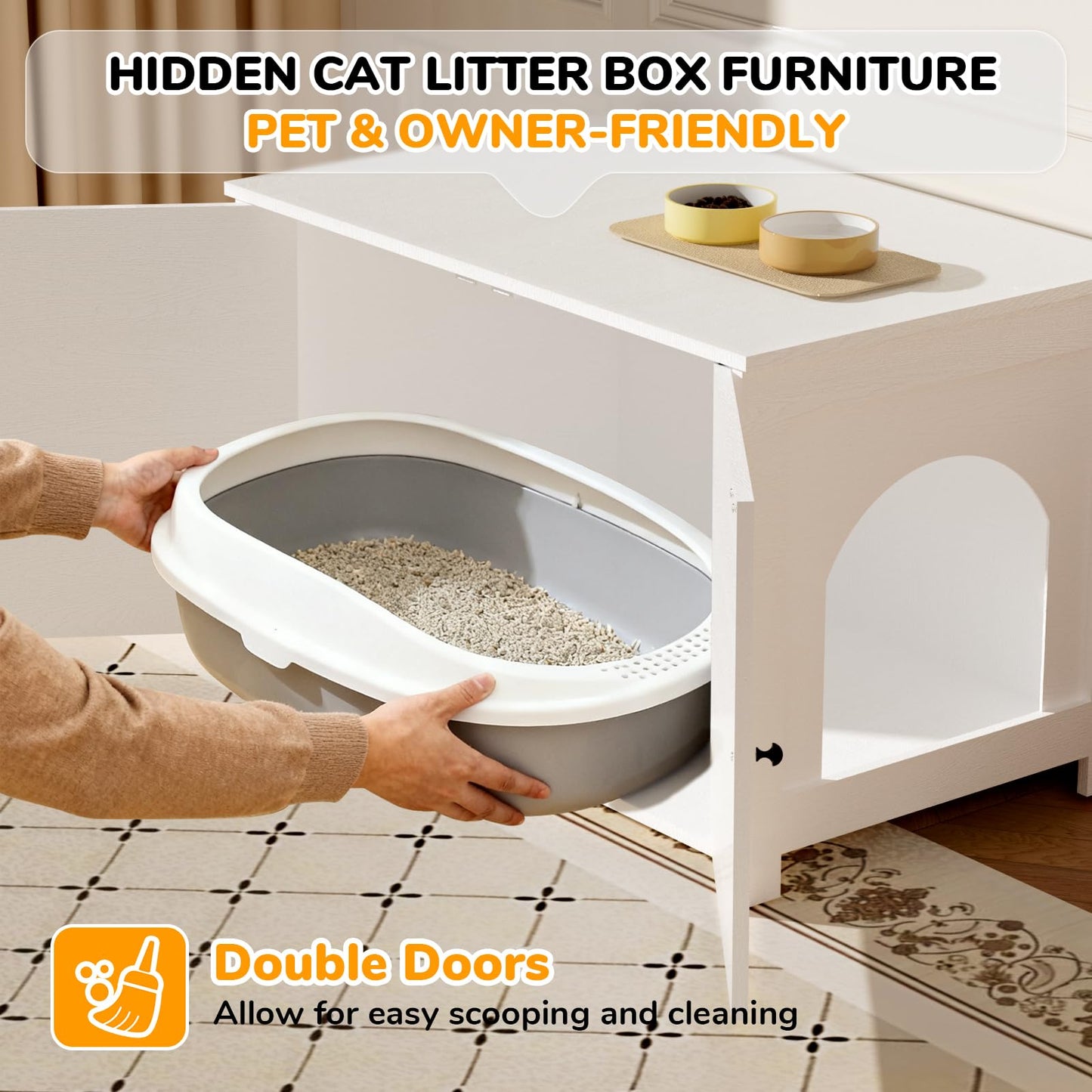 Fecuria Cat Litter Box Enclosure Furniture Dog Proof, Hidden Kitty Washroom Cabinet Low Entry, Wooden Cat Boxes Enclosure Odor Control for Home, Farmhouse Style Decorative TV Stand with Storage, White