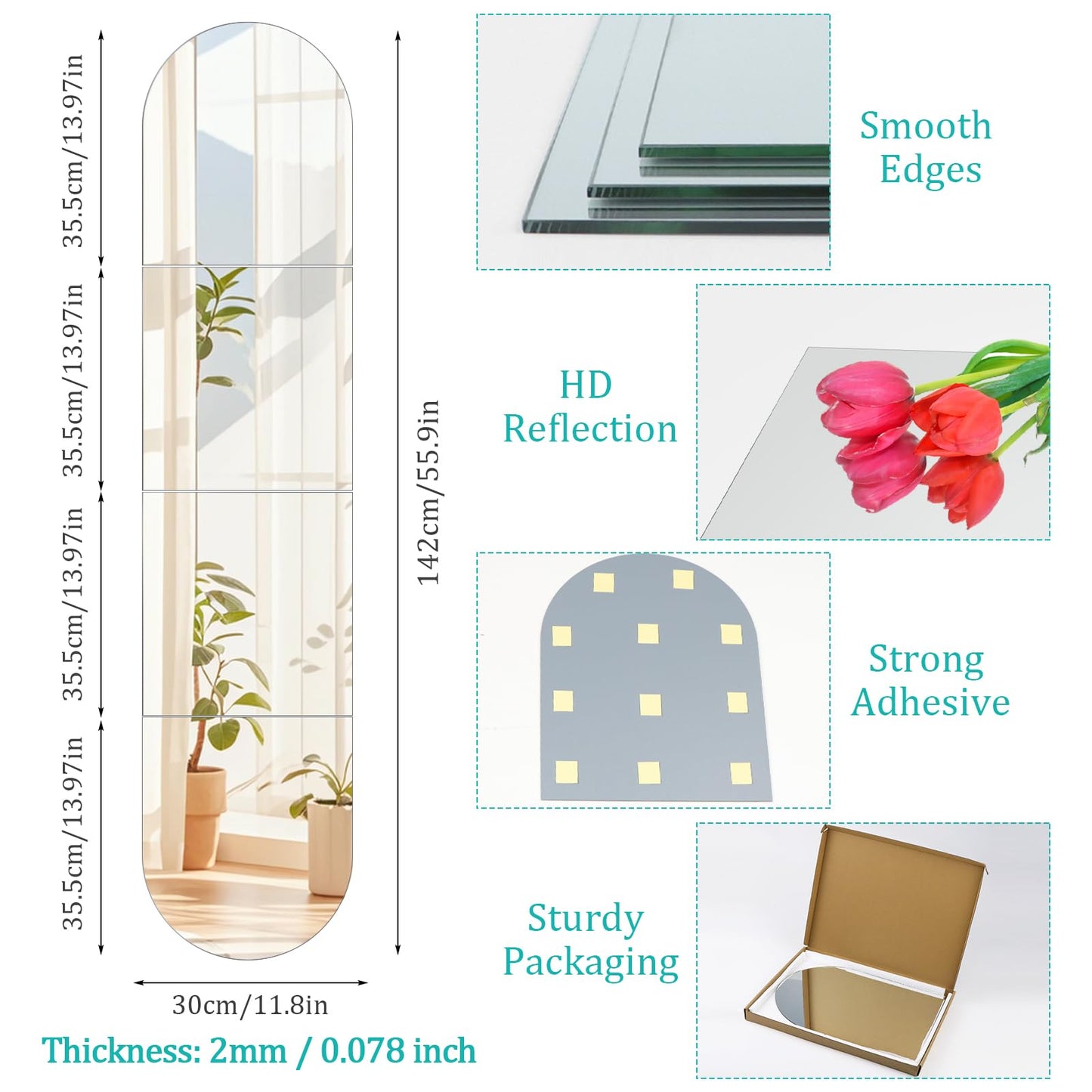 QEEYION Arched Full Length Mirror Wall Mounted 14''x12'' x 4PCS Frameless Glass Full Body Mirror Tiles for Wall, Door, Living Room, Bathroom, Bedroom, Cloakroom, Entryway Decor