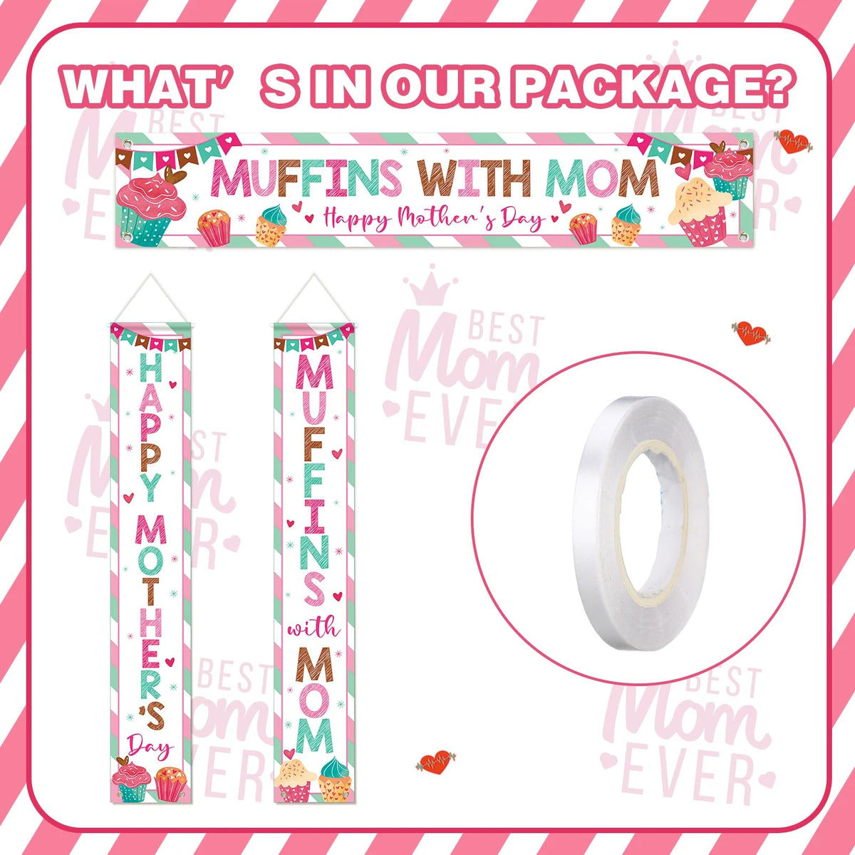 Fanfanwin 3 Pcs Happy Mother's Day Banner Muffins with Mom Decoration Mothers Day Banner Cake Love Mom Thank You Mama Party Supplies for Women Mama Wife Photo Booth Studio Props